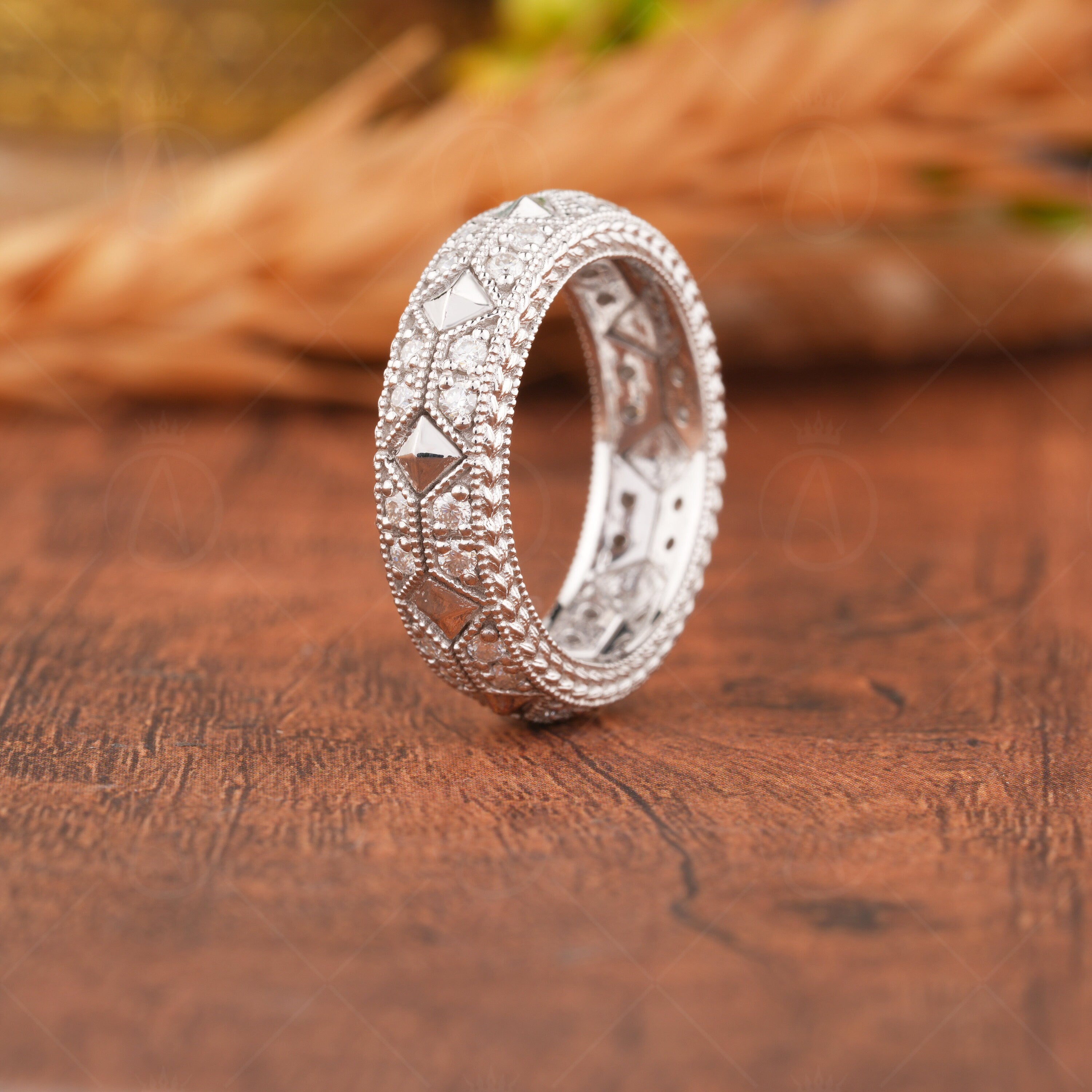 Moissanite Full Eternity Band, Vintage Filigree Wedding Band, Carved Pyramid Bridal Matching Band, Milgrain Art Deco Ring, Wide Band Ring