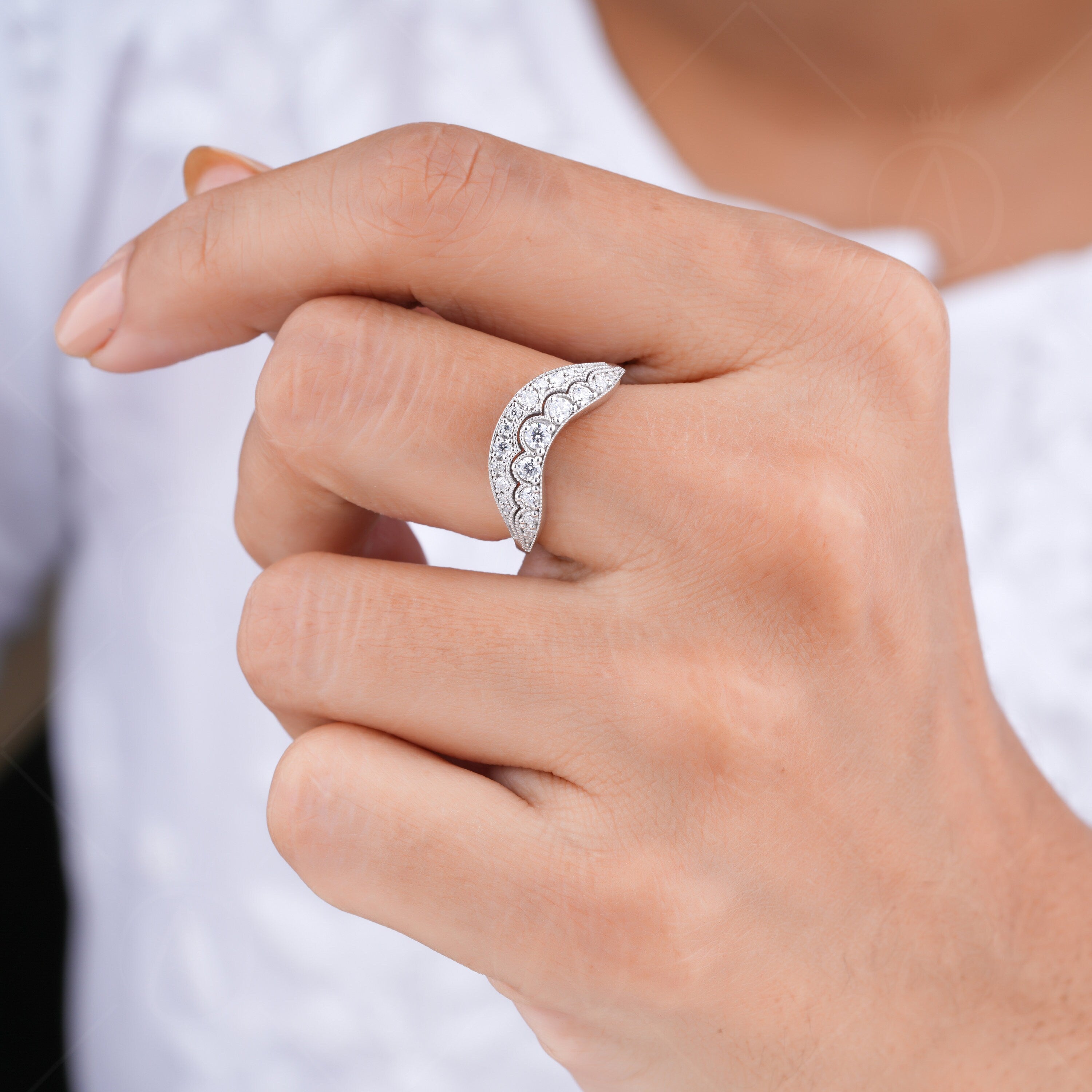 Arched Wedding Bands Women, Moissanite Vintage Curved Band, Art Deco Contour Stackable Rings, Unique Milgrain Ring For Wedding, Matching Bridal Ring, Curve Stacking Ring