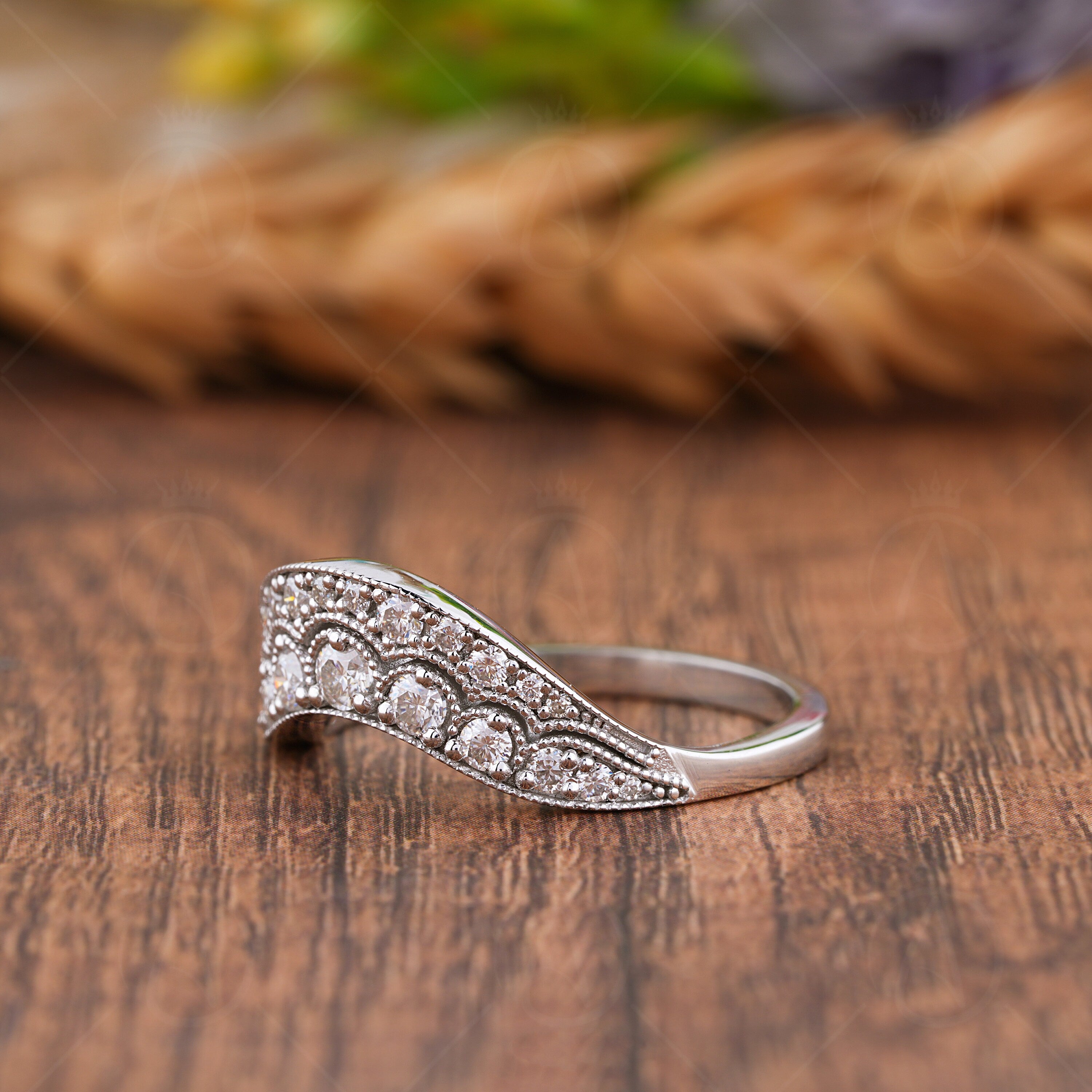 Arched Wedding Bands Women, Moissanite Vintage Curved Band, Art Deco Contour Stackable Rings, Unique Milgrain Ring For Wedding, Matching Bridal Ring, Curve Stacking Ring