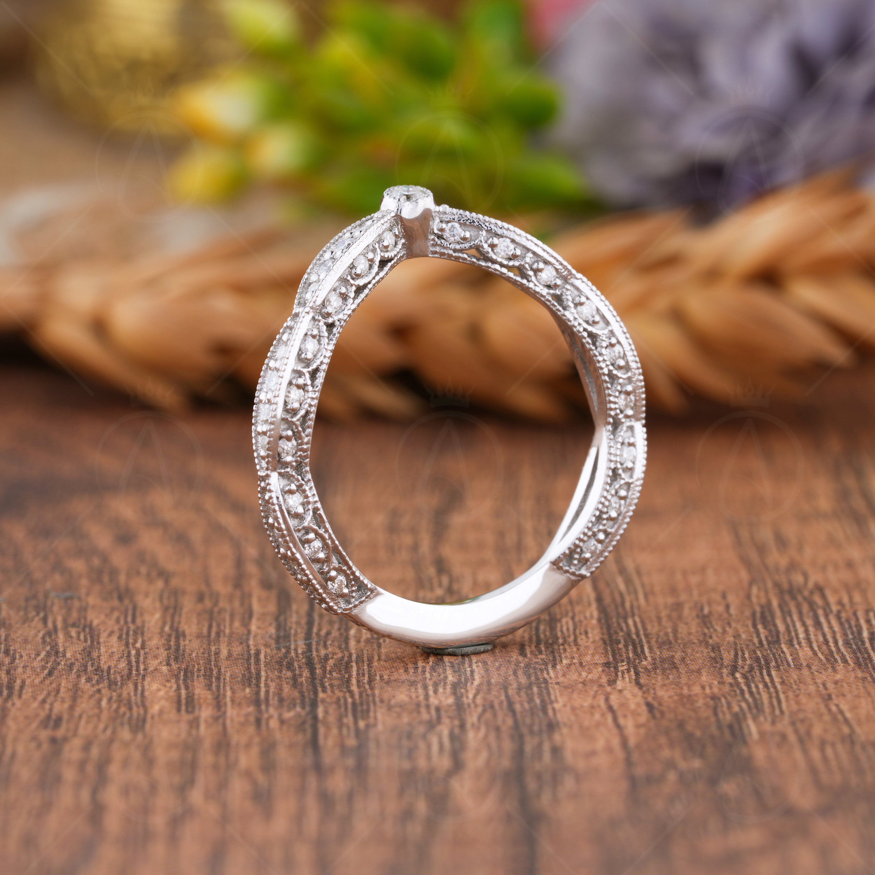 Vintage V Shaped Wedding Band, Chevron Moissanite Ring, Contour Stackable Matching Band For Ring, Art Deco Engagement Ring Jacket, V Shape Band For Ring