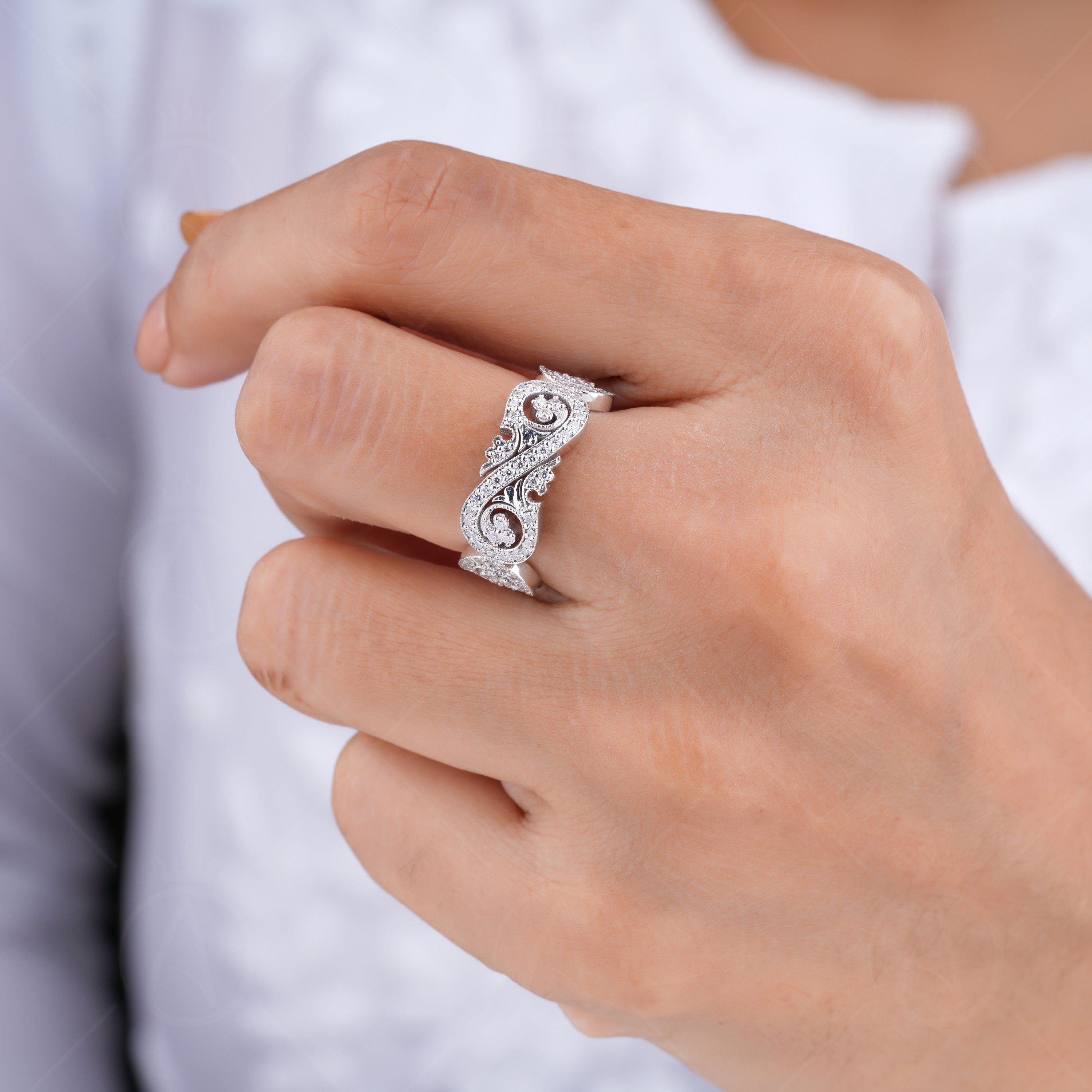 Infinity Style Art Deco Anniversary Rings, Unique Moissanite Wide Bands For Women, Vintage Milgrain Wedding Band, Statement Jewelry, Antique Inspired Ring, Unique Jewelry Ring