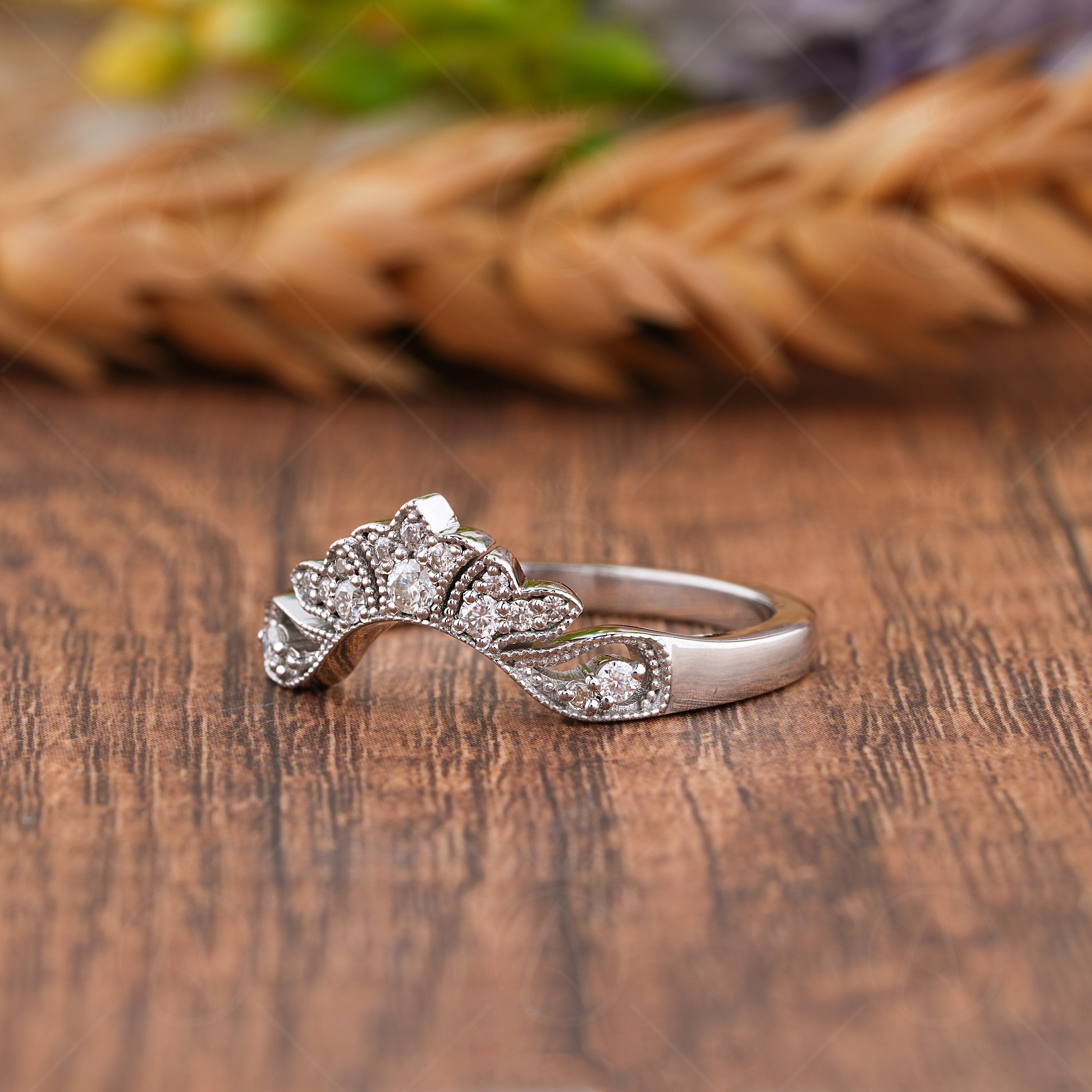 Vintage Curved Wedding Bands Women, Art Deco Moissanite Nesting Band, Contoured Stackable Rings, U Shaped Matching Band, Bridal Ring, Arched Wedding Band, Stacking Ring