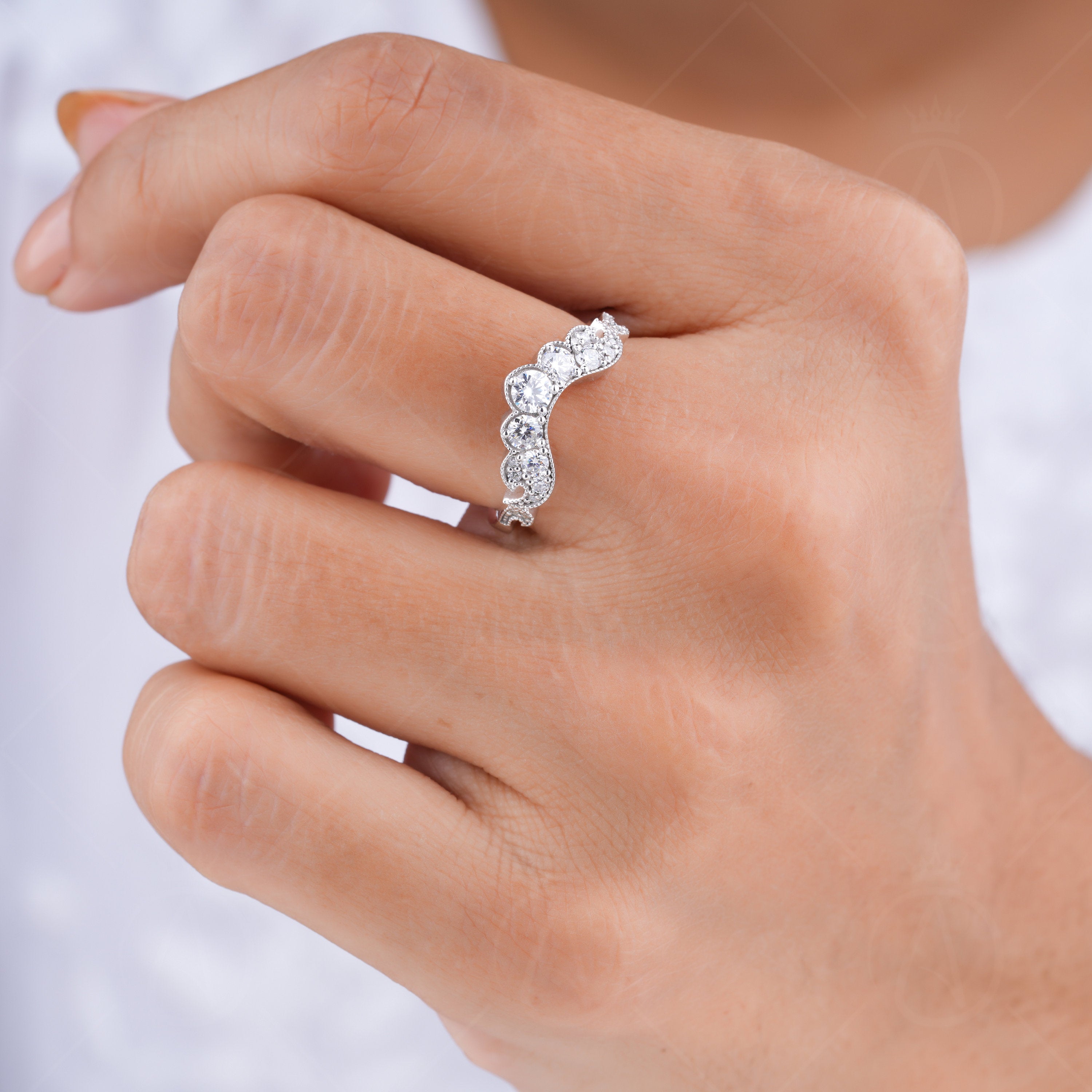 U Shaped Wedding Bands Women, Queen Crown Style Contour Band, Art Deco Vintage Moissanite Curved Band, Milgrain Anniversary Band, Matching Bridal Ring