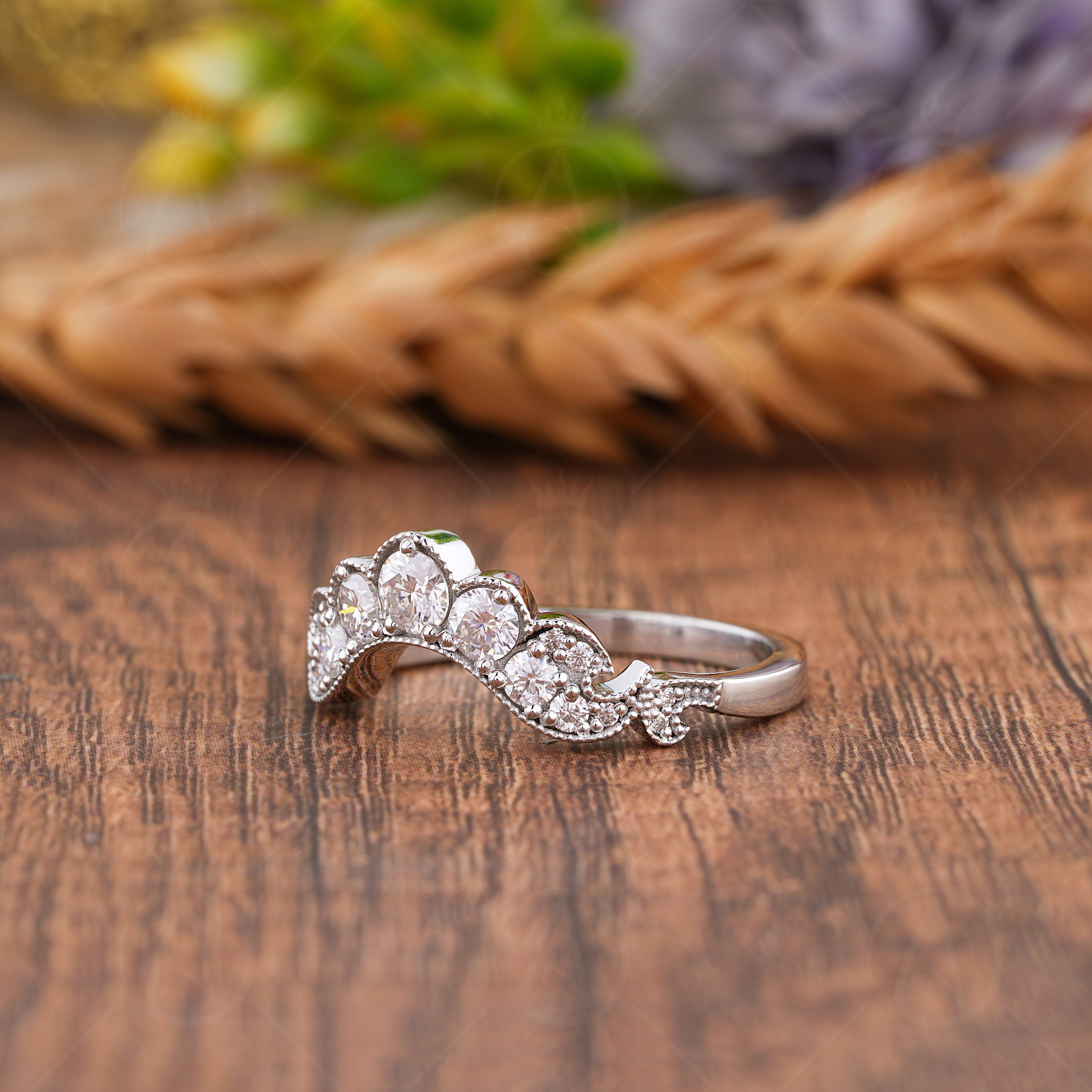 U Shaped Wedding Bands Women, Queen Crown Style Contour Band, Art Deco Vintage Moissanite Curved Band, Milgrain Anniversary Band, Matching Bridal Ring