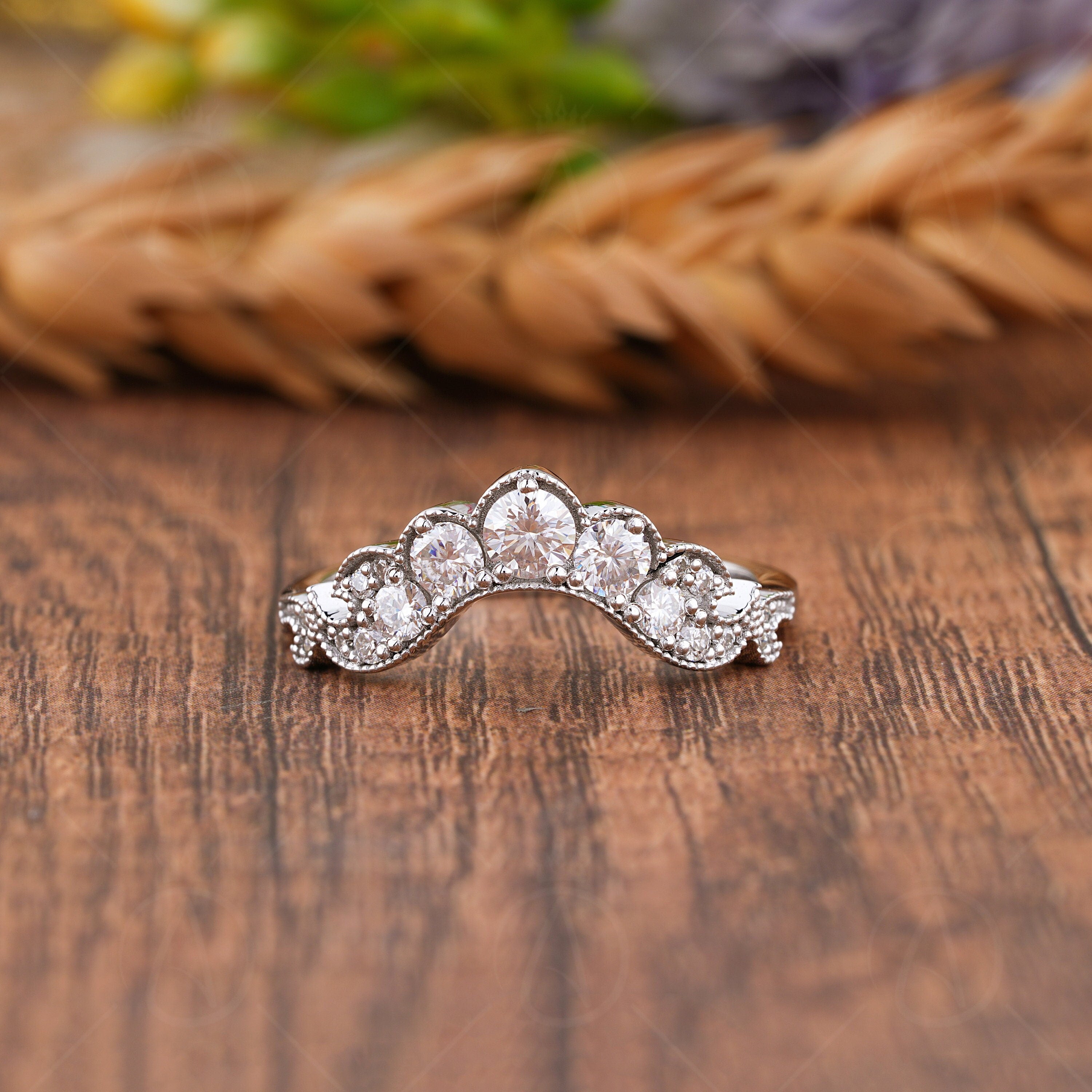 U Shaped Wedding Bands Women, Queen Crown Style Contour Band, Art Deco Vintage Moissanite Curved Band, Milgrain Anniversary Band, Matching Bridal Ring