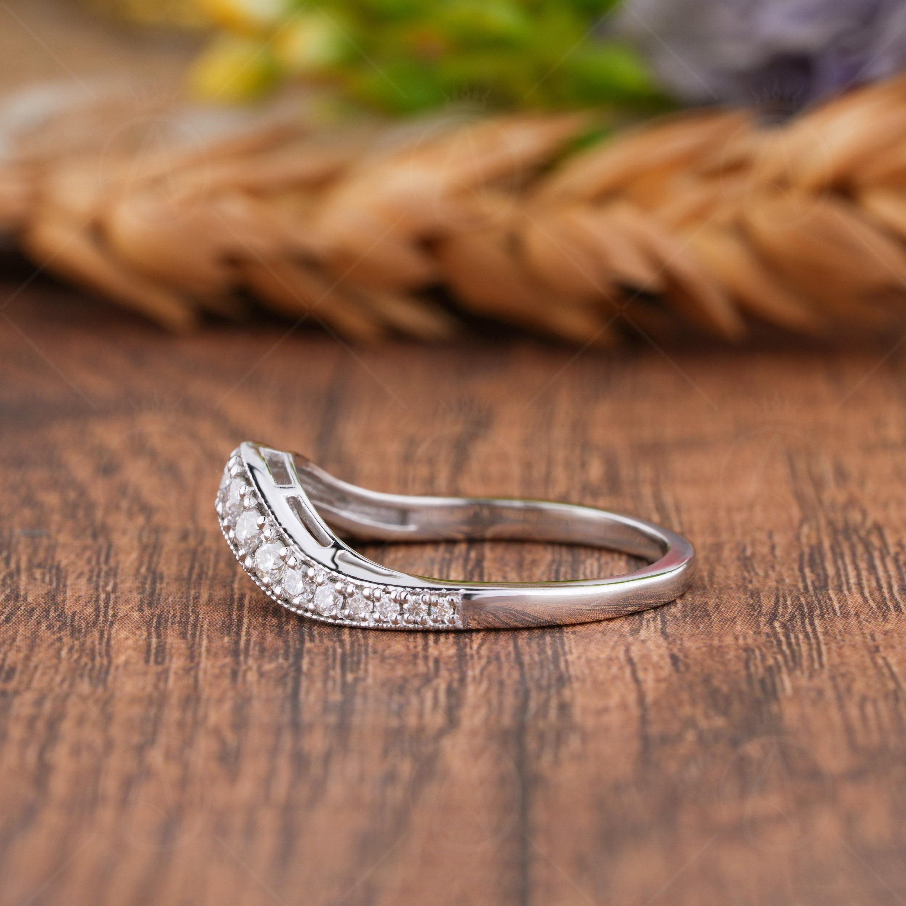 Art Deco Curved Wedding Band, U Shape Moissanite Band Women, Nesting Bridal Matching Band, Stackable Contour Ring Band, Anniversary Rings