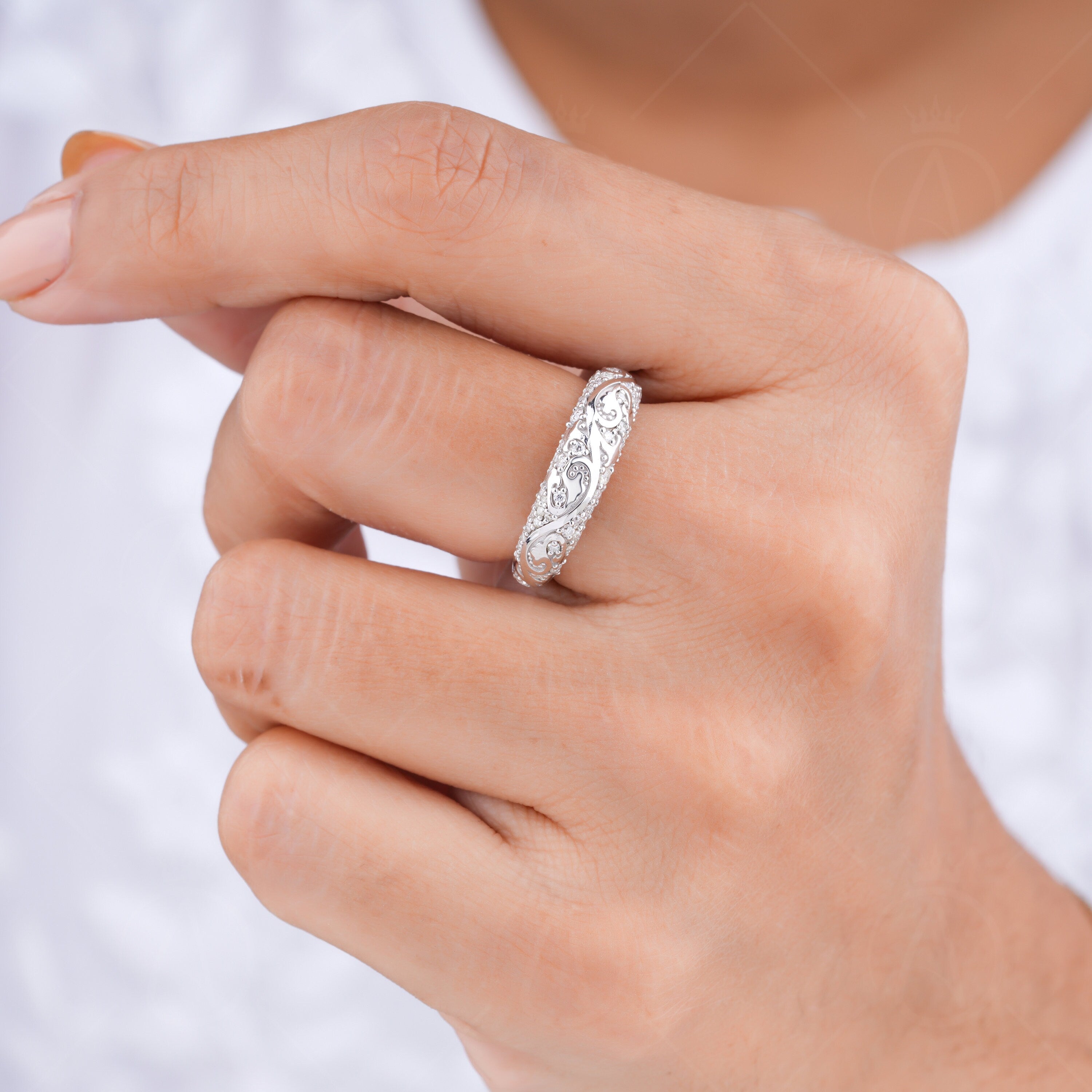 Moissanite Dome Wedding Band Women, Art Deco Vintage Anniversary Rings, Half Eternity Carved Style Band, Unique Filigree Ring For Bridal