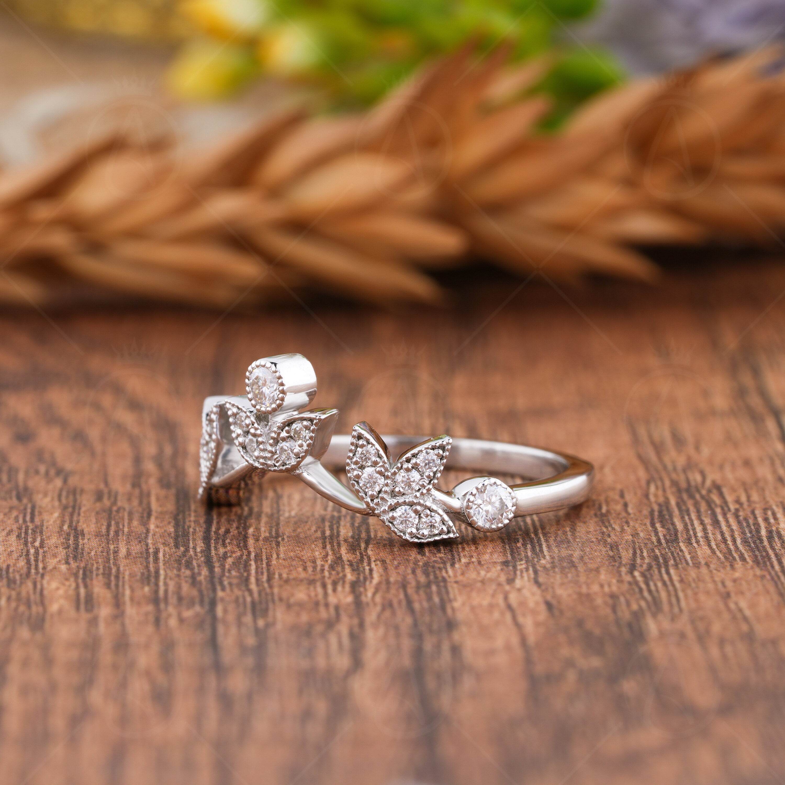 Floral Curved Wedding Band, Nature Inspired Moissanite Band For Women, Leaf Wishbone Ring, Flower Stackable Rings, Bridal Matching Band