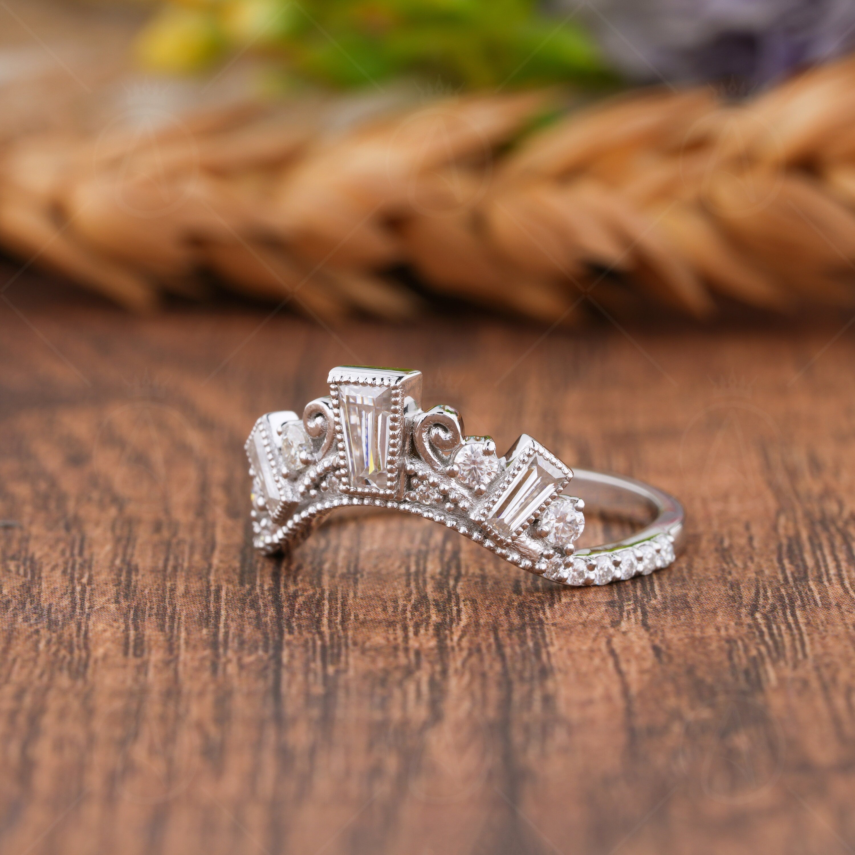 Curved Stackable Ring, Moissanite Filigree Wedding Band, Tiara Crown Style U Shaped Contour Band, Art Deco Matching Band, Womens Unique Ring, Nesting Band Ring, White Gold Stacking Ring, Bridal Band For Wedding