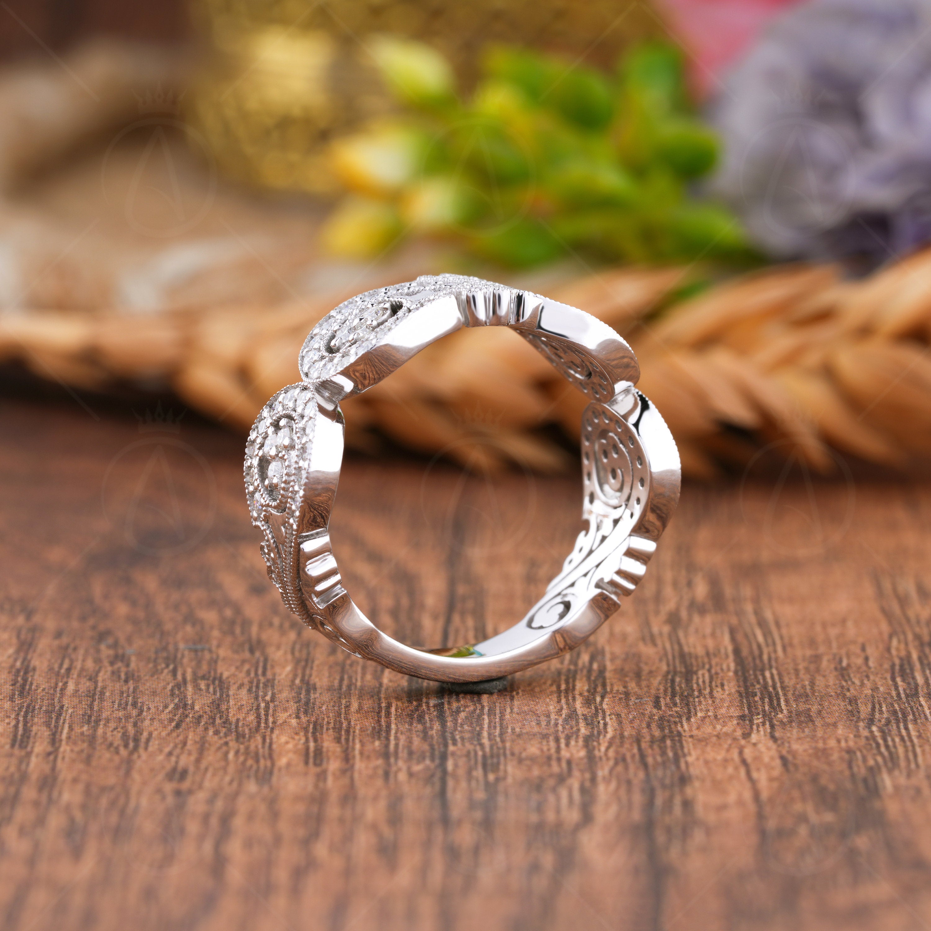 Infinity Style Art Deco Anniversary Rings, Unique Moissanite Wide Bands For Women, Vintage Milgrain Wedding Band, Statement Jewelry, Antique Inspired Ring, Unique Jewelry Ring