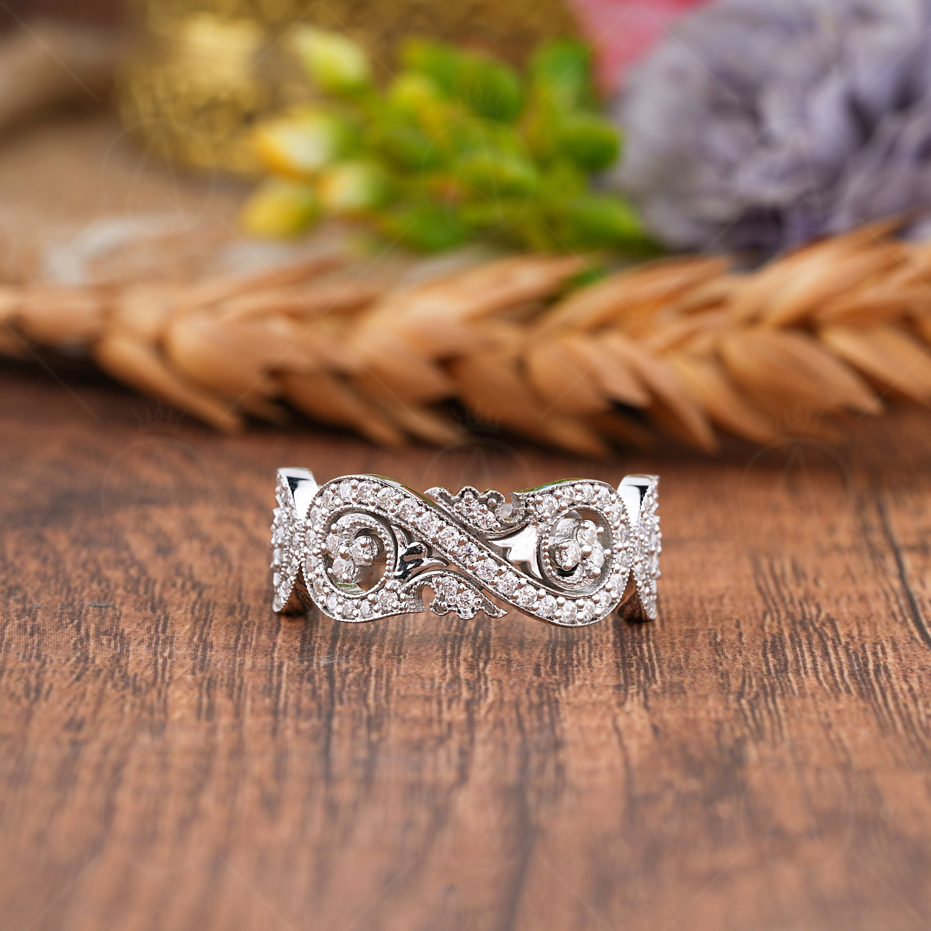 Infinity Style Art Deco Anniversary Rings, Unique Moissanite Wide Bands For Women, Vintage Milgrain Wedding Band, Statement Jewelry, Antique Inspired Ring, Unique Jewelry Ring