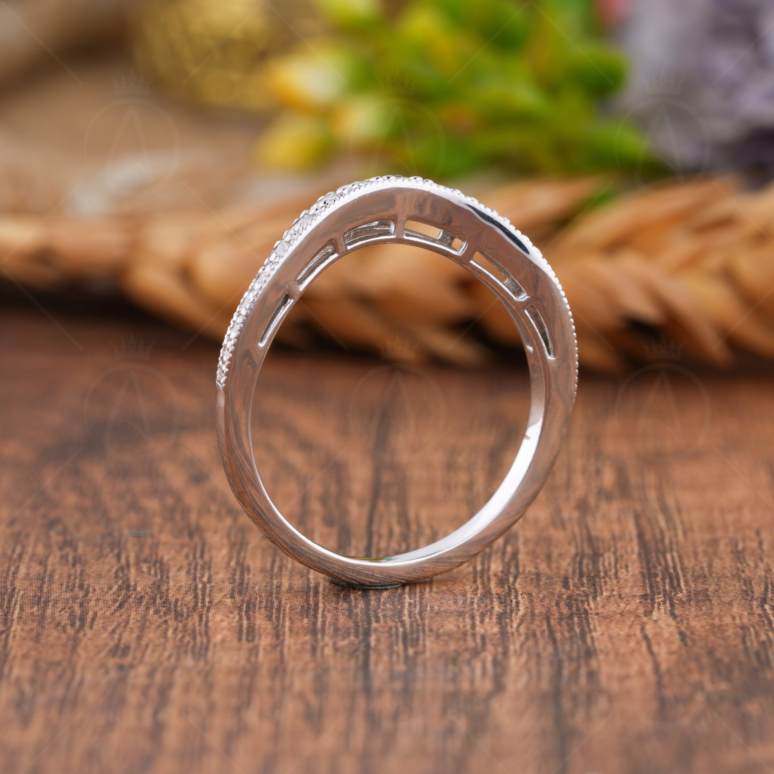 Art Deco Curved Wedding Band, U Shape Moissanite Band Women, Nesting Bridal Matching Band, Stackable Contour Ring Band, Anniversary Rings