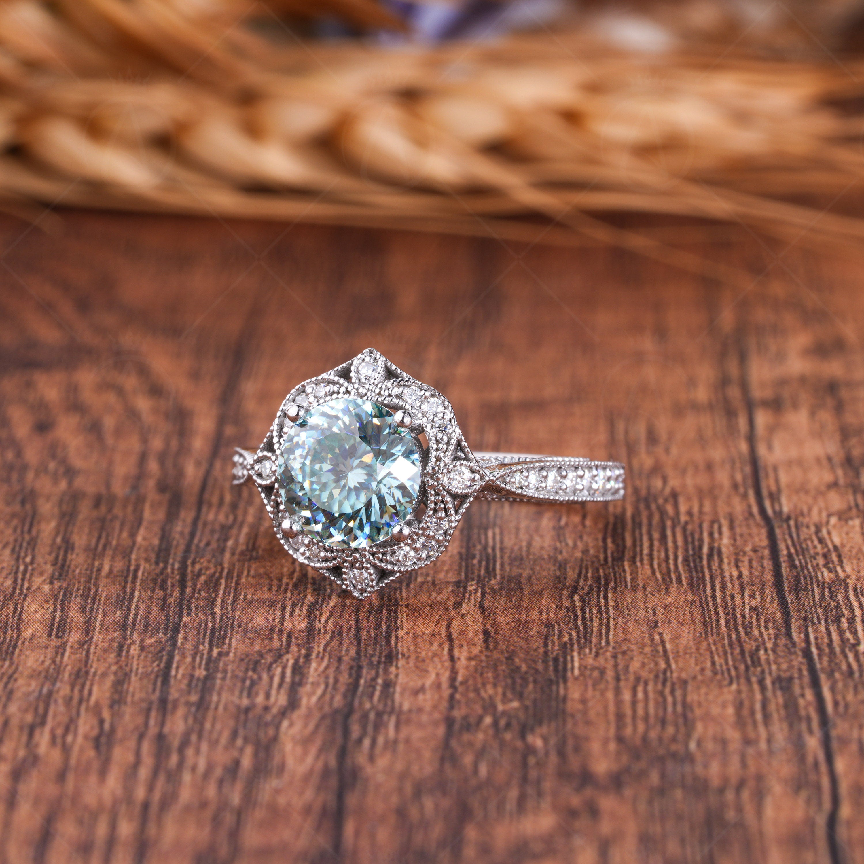 Portuguese Cut Moissanite Halo Engagement Ring, Art Deco Cyan Blue Moissanite Ring, Nature Inspired Floral Ring, Antique Filigree Ring Women