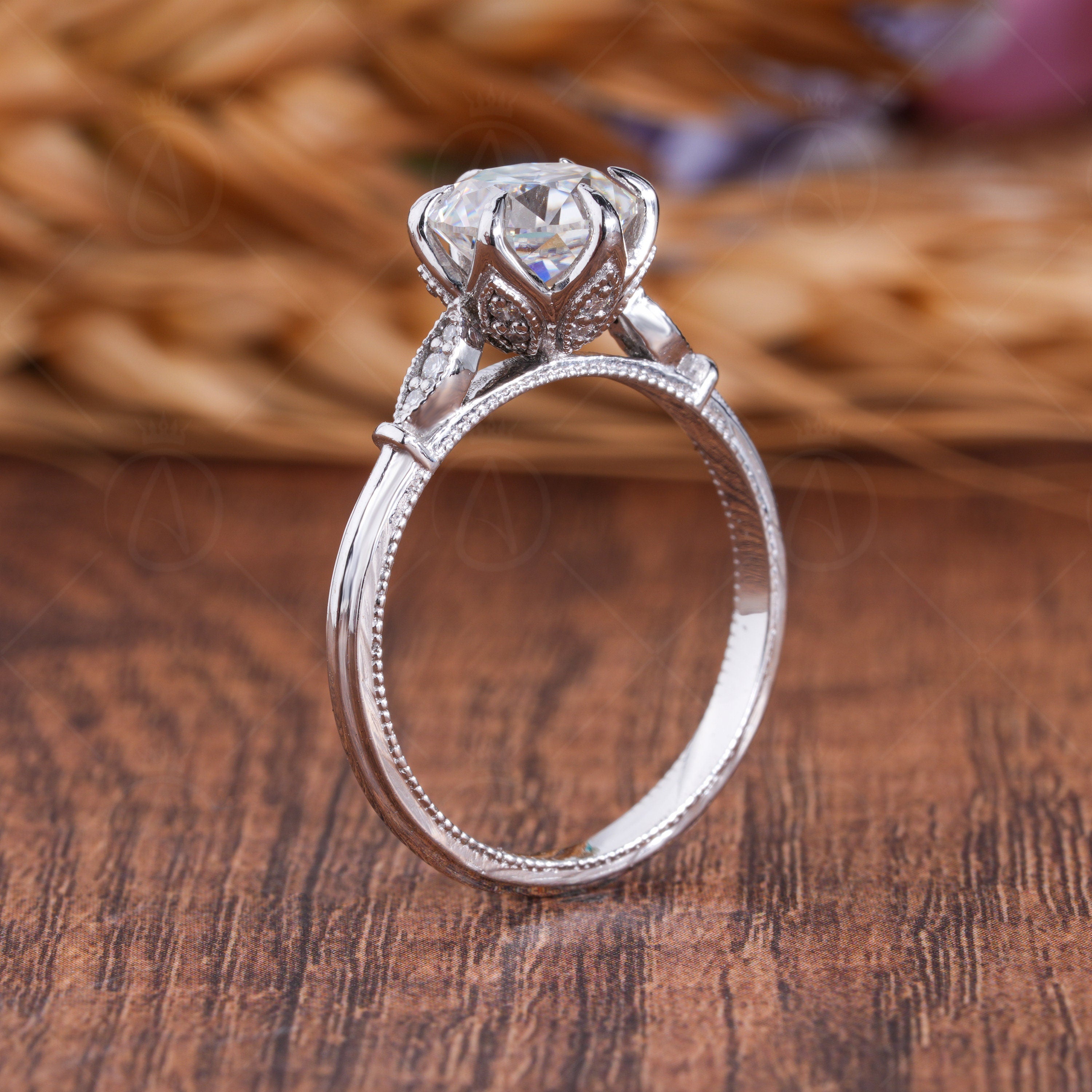 Old European Cut Moissanite Solitaire Engagement Ring, Tulip Setting Old Mine Cut Ring, Antique Vintage Filigree Rings For Women, OMC Moissanite Diamond Ring, OEC Moissanite Ring, Art Deco Nature Inspired Ring, Flower Petal Ring