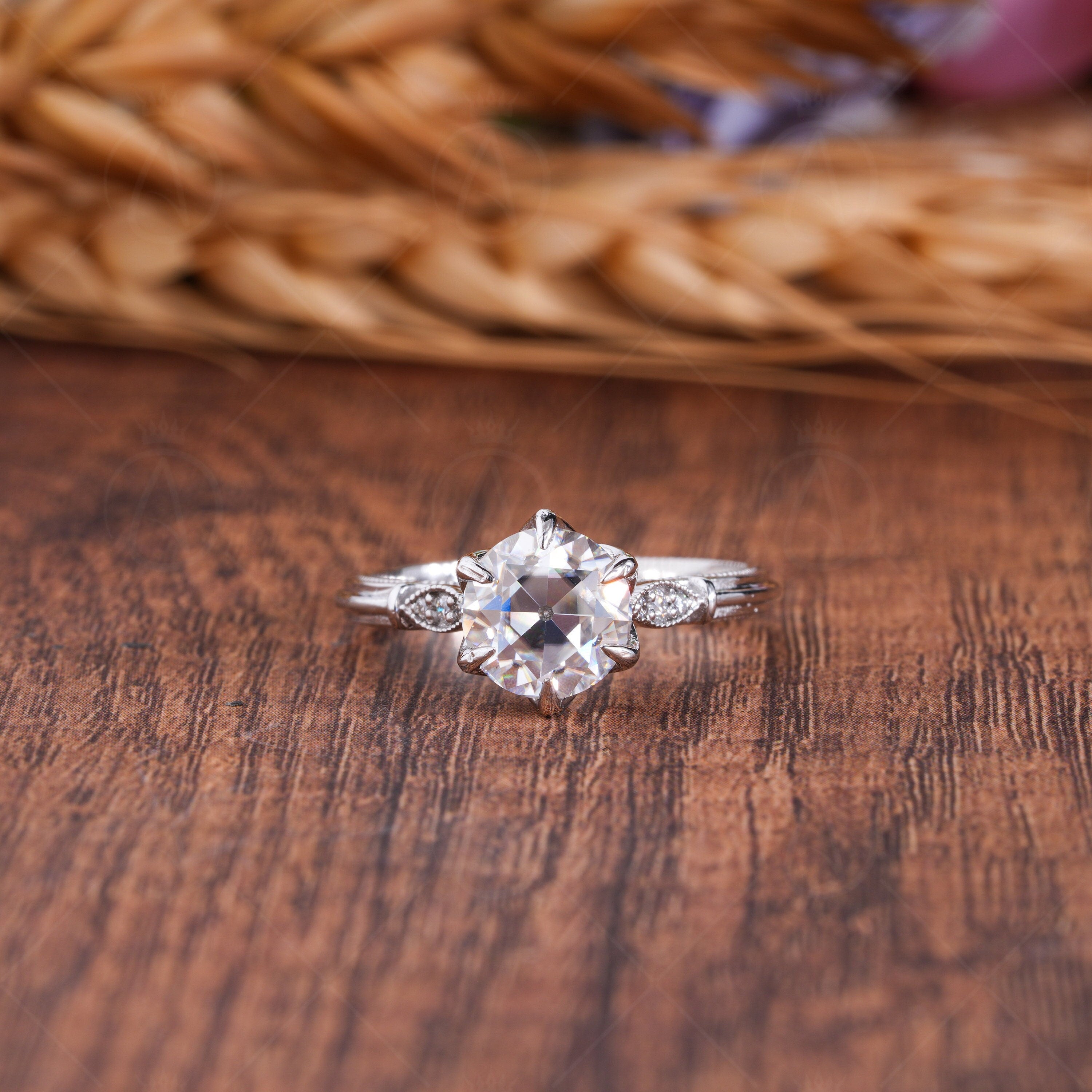 Old European Cut Moissanite Solitaire Engagement Ring, Tulip Setting Old Mine Cut Ring, Antique Vintage Filigree Rings For Women, OMC Moissanite Diamond Ring, OEC Moissanite Ring, Art Deco Nature Inspired Ring, Flower Petal Ring