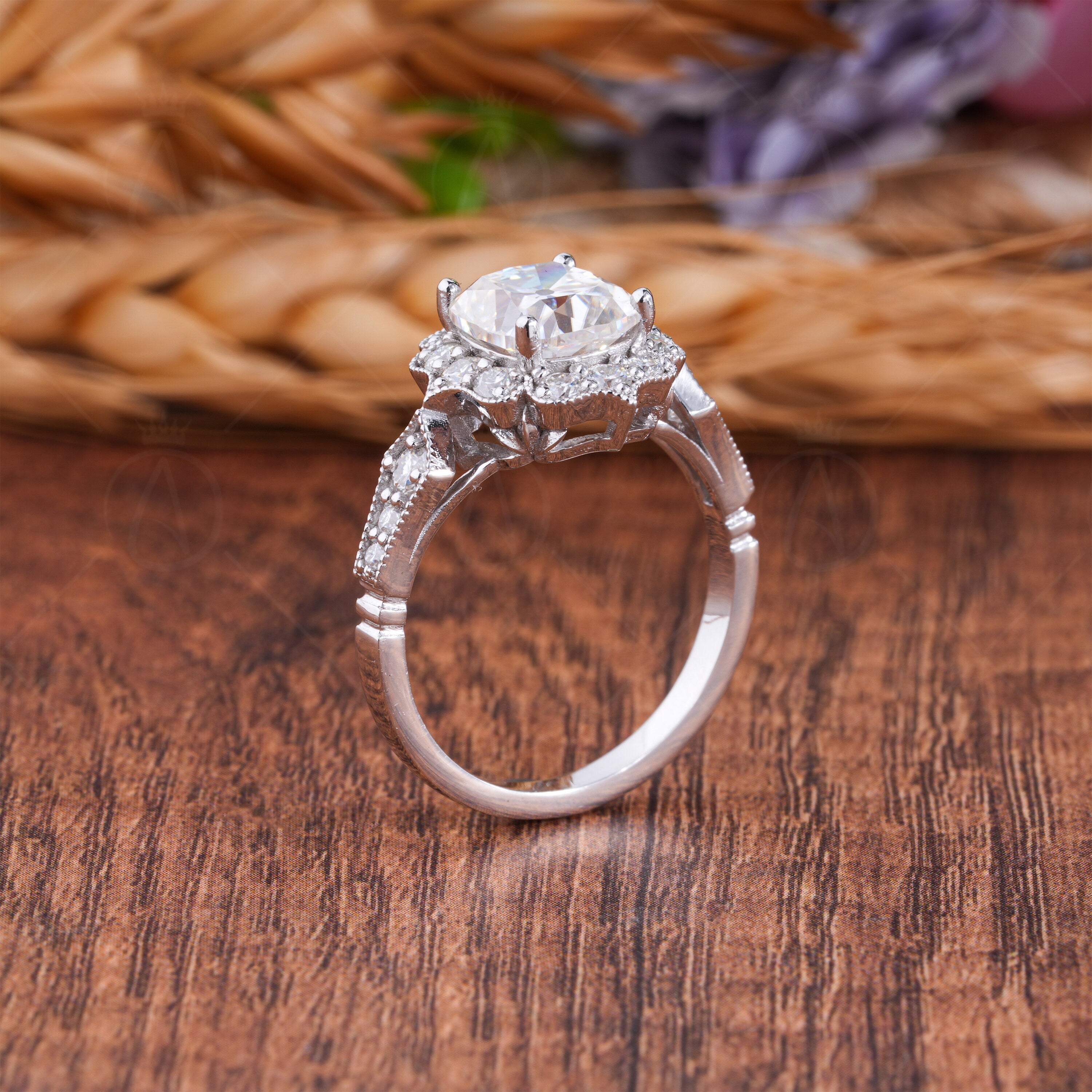 Antique Old European Cut Cushion Cut Engagement Ring, Vintage OEC Moissanite Flower Ring, Old Mine Cut Art Deco Milgrain Rings For Women, Nature Inspired Floral Ring, Elongated Cushion Cut Ring, Vintage Filigree Ring