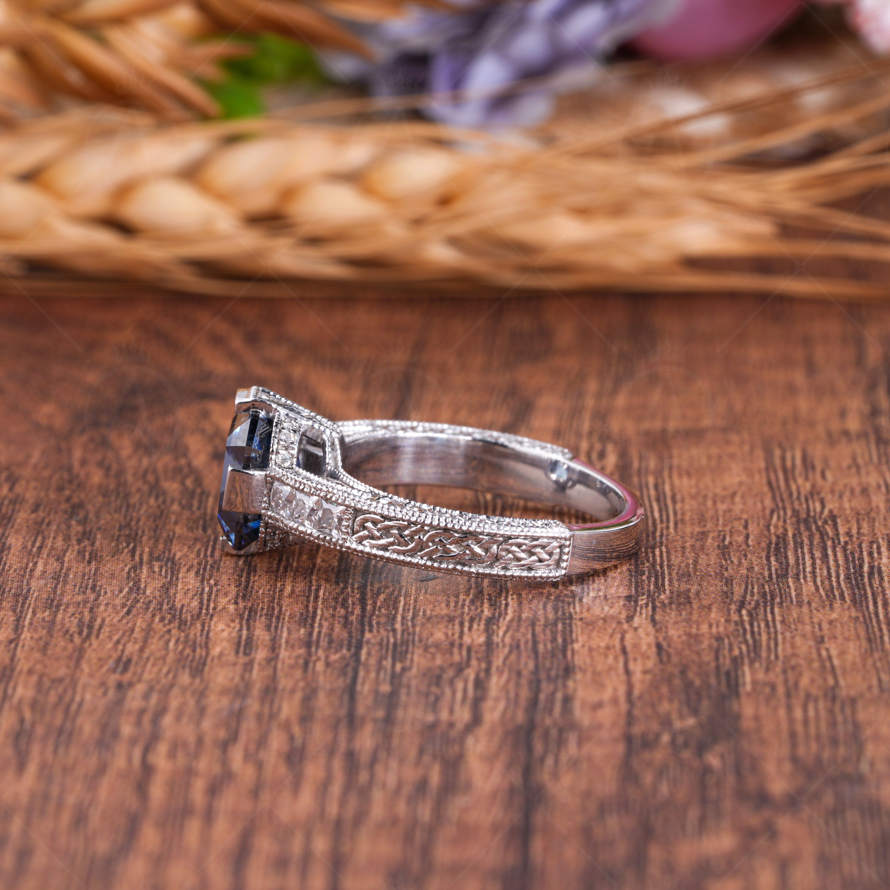Dark Blue Asscher Cut Vintage Engagement Ring