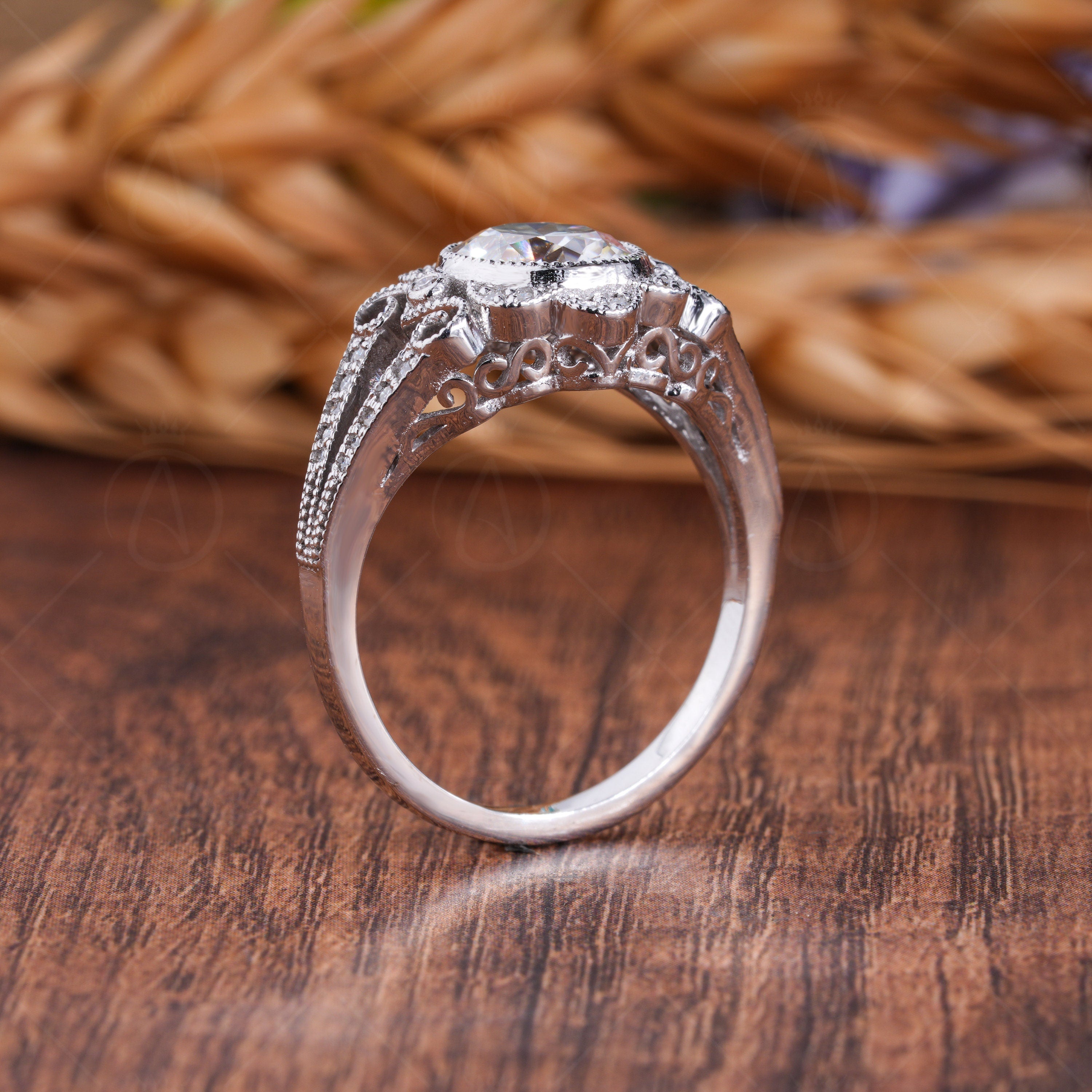 Art Deco Bezel Set Round Split Shank Engagement Ring