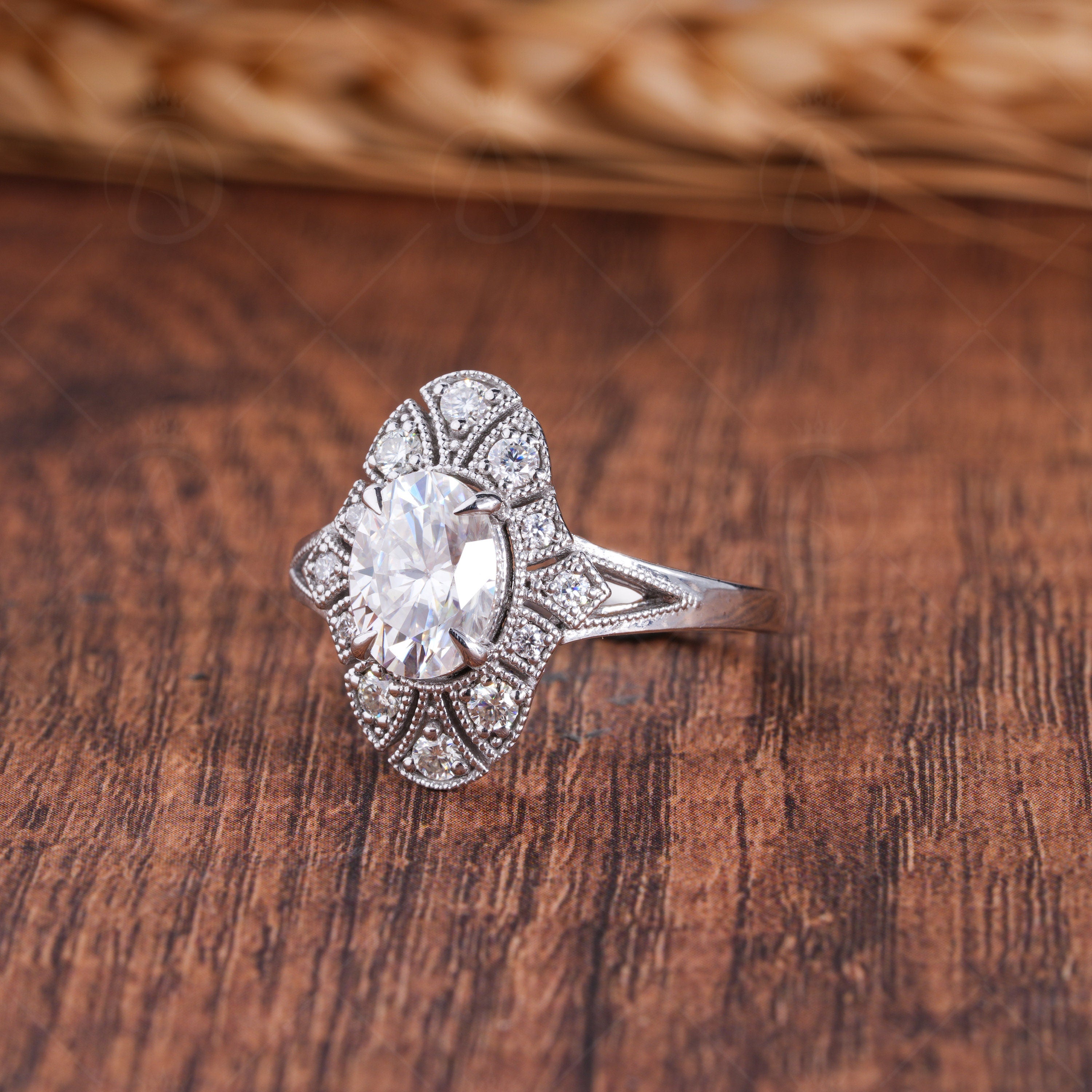 Edwardian Filigree Oval Engagement Ring, Art Deco Vintage Milgrain Ring, Oval Moissanite Rings For Women, Elongated Anniversary Ring