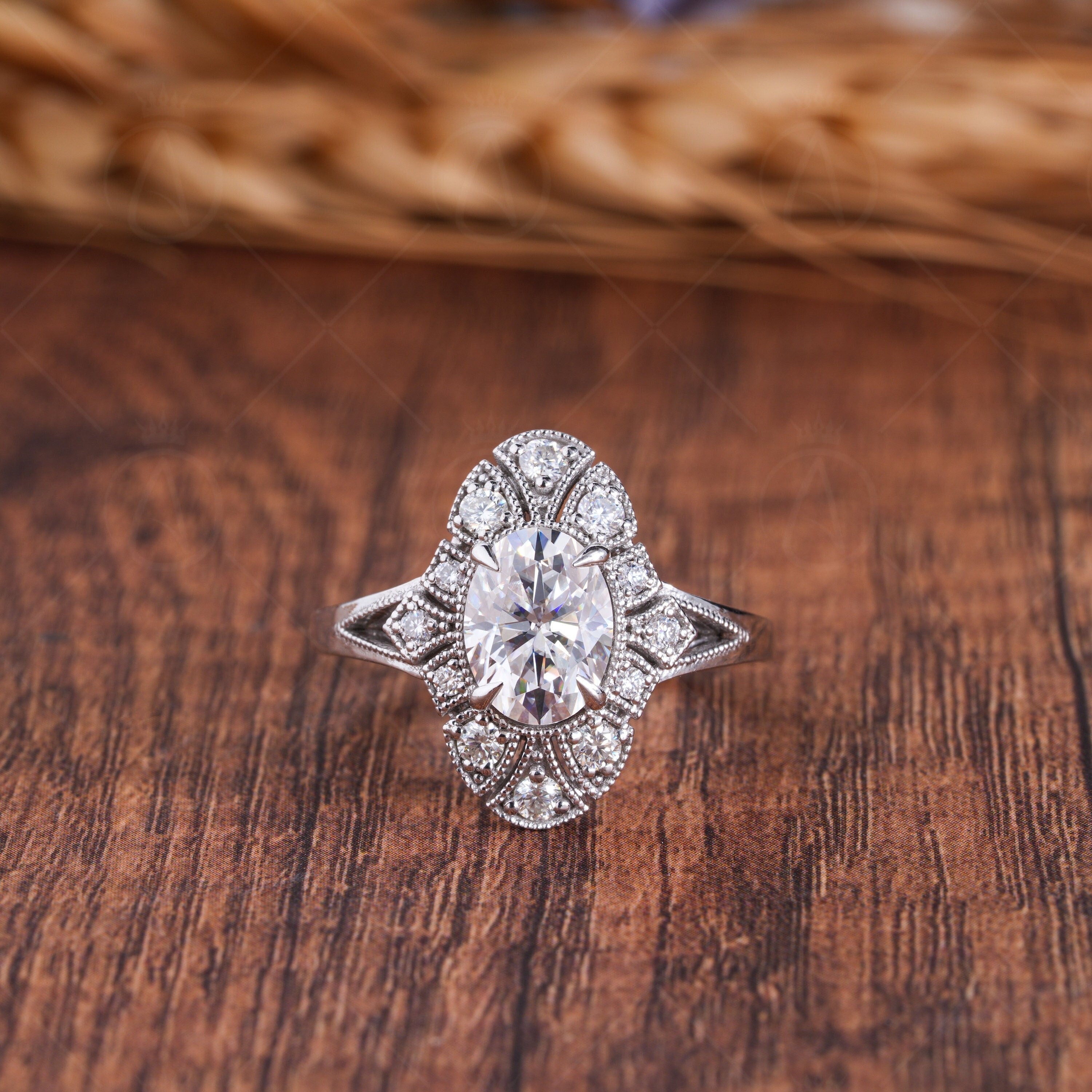 Edwardian Filigree Oval Engagement Ring, Art Deco Vintage Milgrain Ring, Oval Moissanite Rings For Women, Elongated Anniversary Ring