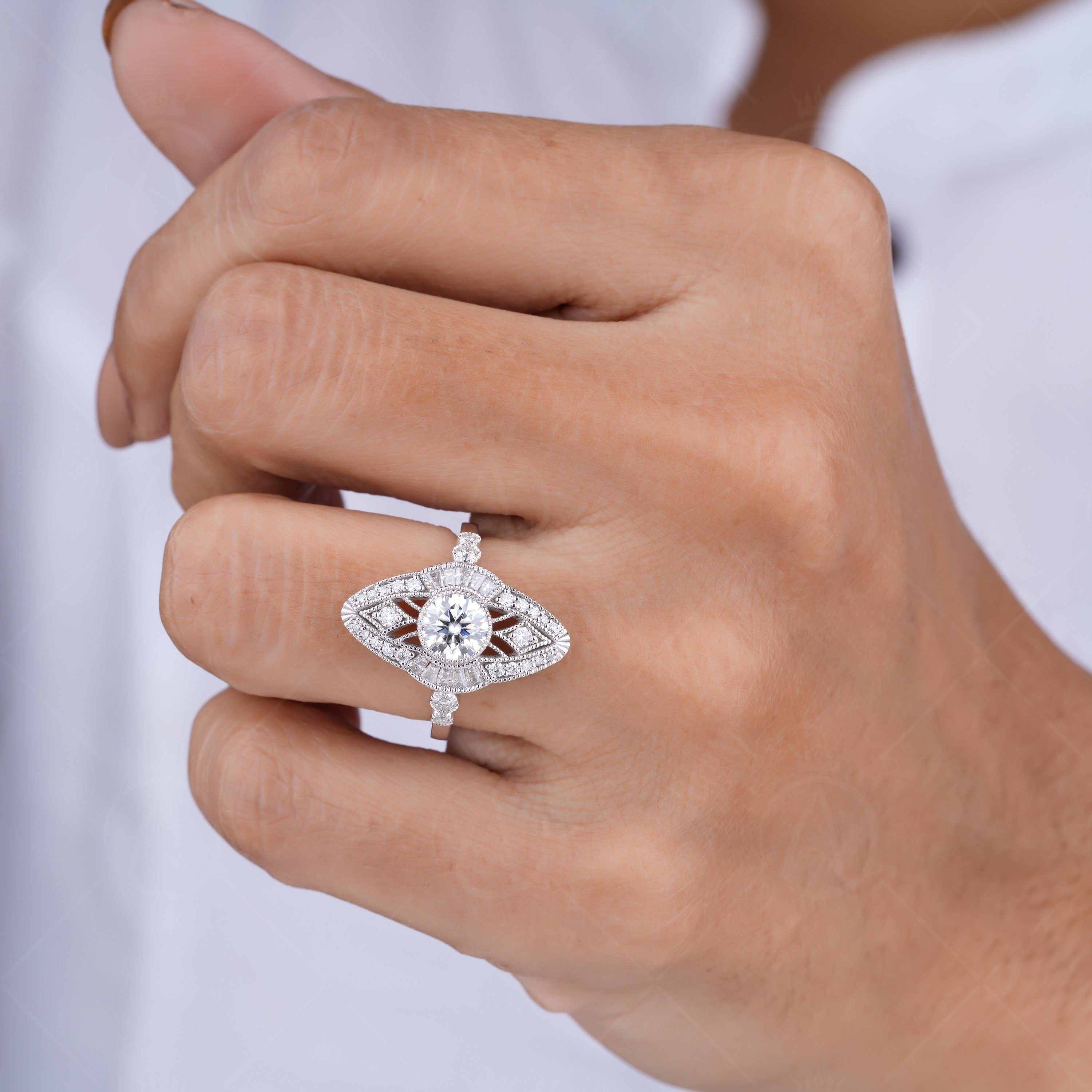 Vertical Evil Eye Inspired Edwardian Engagement Ring, Vintage Filigree Ring For Women, Round Moissanite Art Deco Ring, Milgrain Ring