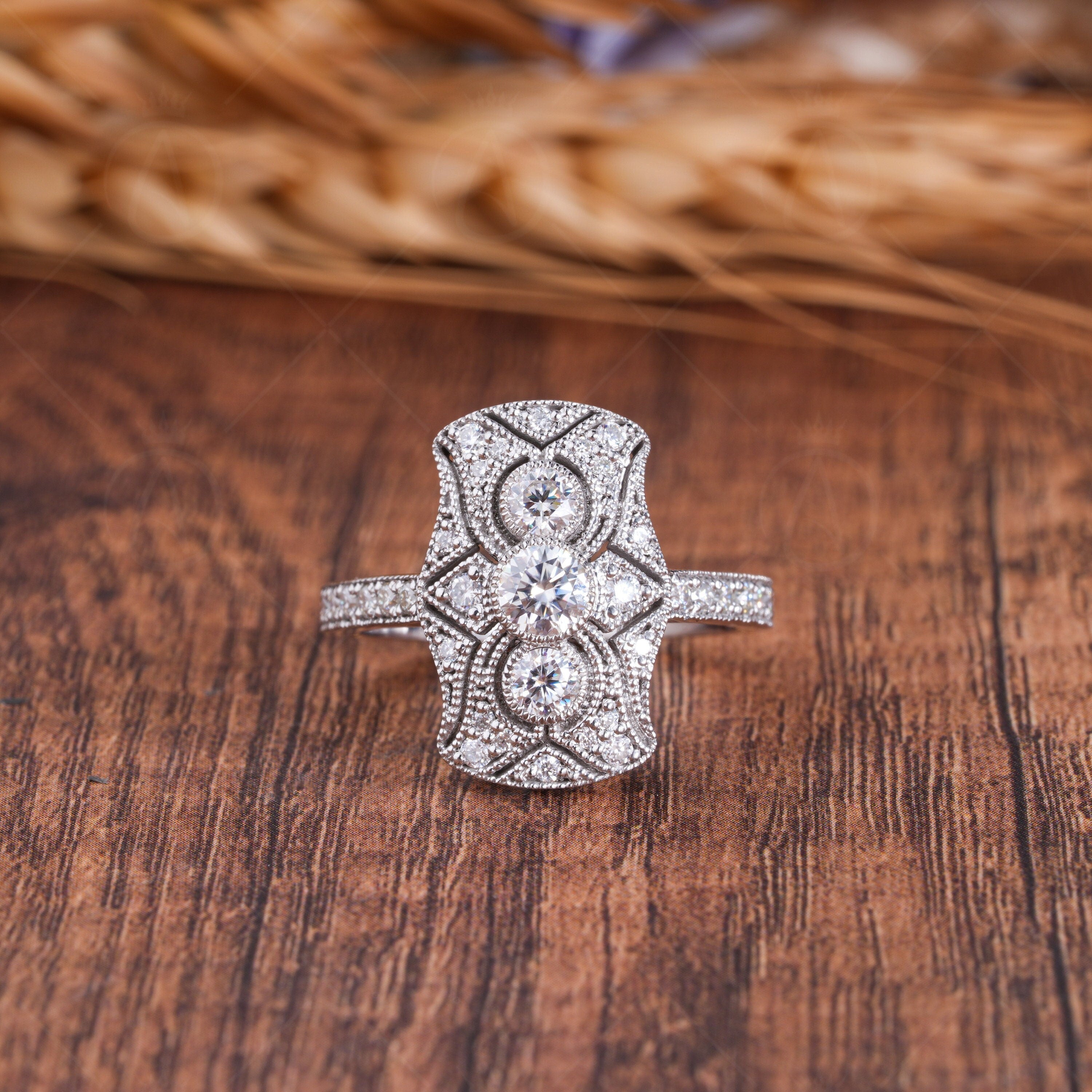 Antique Edwardian Engagement Ring For Women, Filigree Victorian Style Ring, Moissanite Art Deco Milgrain Ring, Unique Cocktail Ring, Elongated Statement Ring, Retro Ring