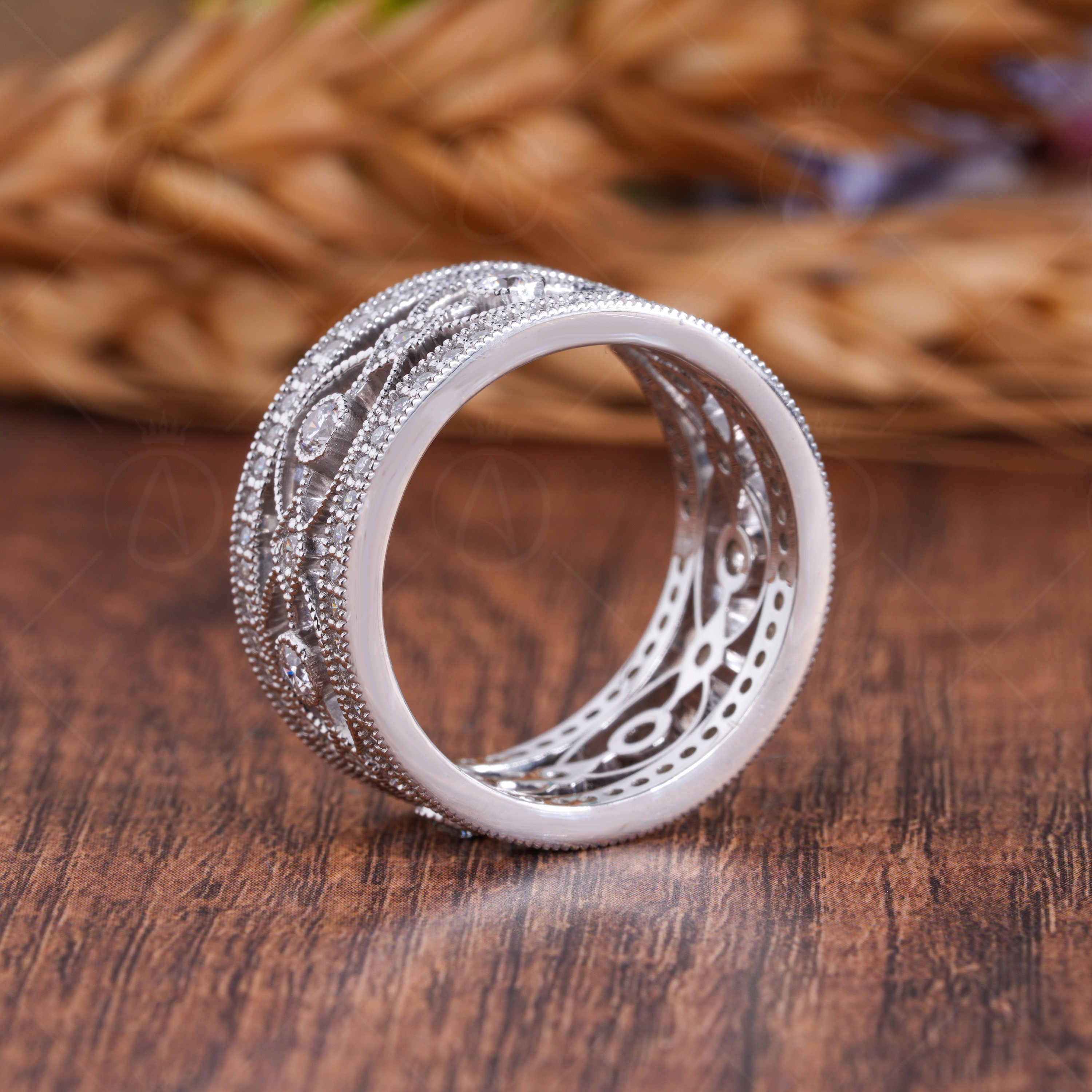 Vintage Filigree Wedding Anniversary Bands For Women, Unique Milgrain Art Deco Band, Wide Wedding Band Ring, Estate Jewelry Rings
