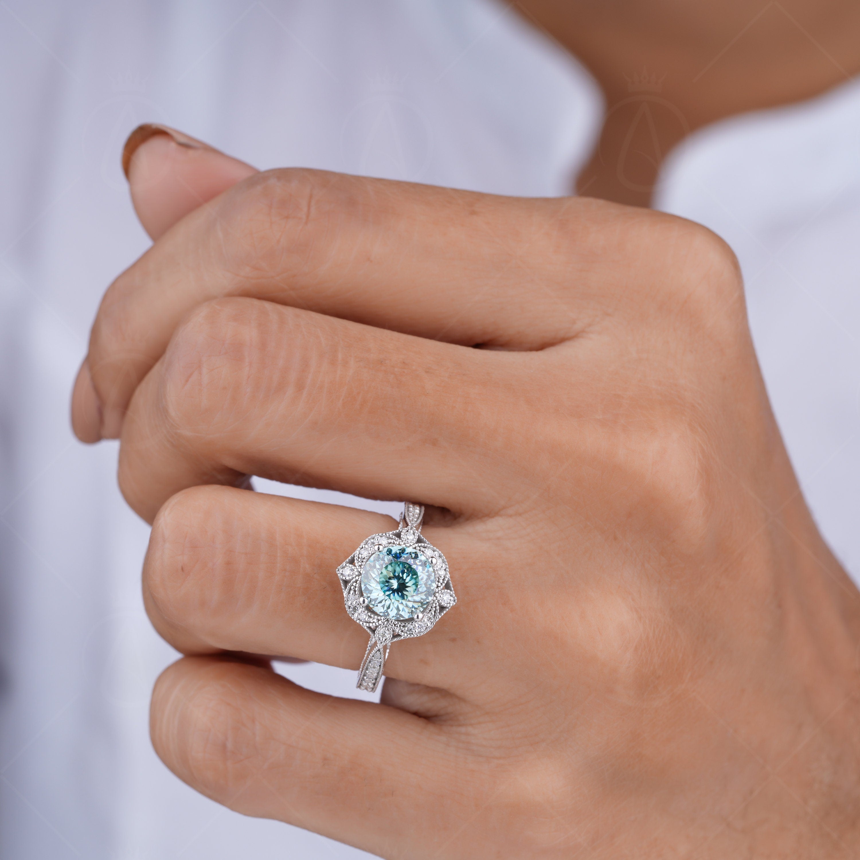 Portuguese Cut Moissanite Halo Engagement Ring, Art Deco Cyan Blue Moissanite Ring, Nature Inspired Floral Ring, Antique Filigree Ring Women