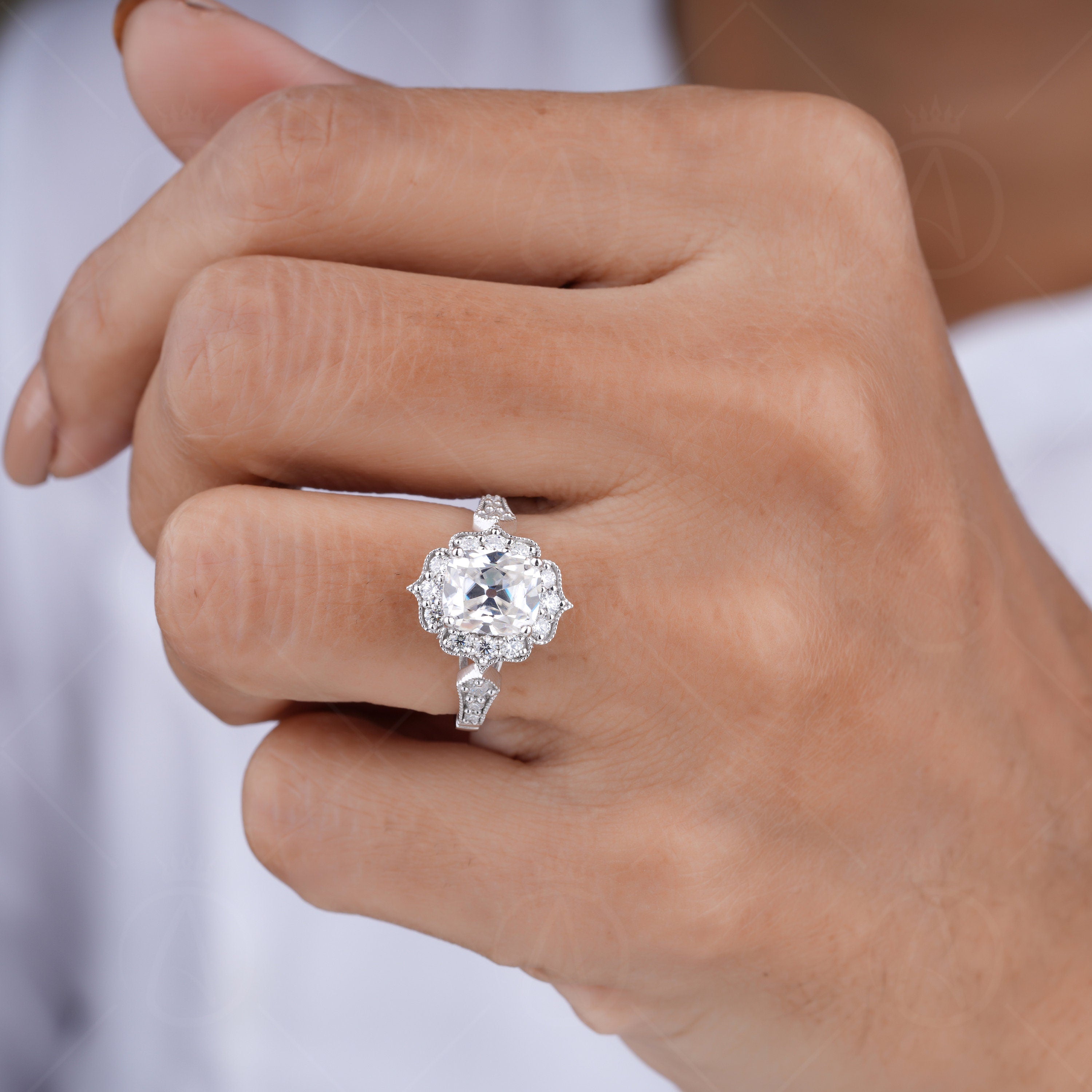 Antique Old European Cut Cushion Cut Engagement Ring, Vintage OEC Moissanite Flower Ring, Old Mine Cut Art Deco Milgrain Rings For Women, Nature Inspired Floral Ring, Elongated Cushion Cut Ring, Vintage Filigree Ring