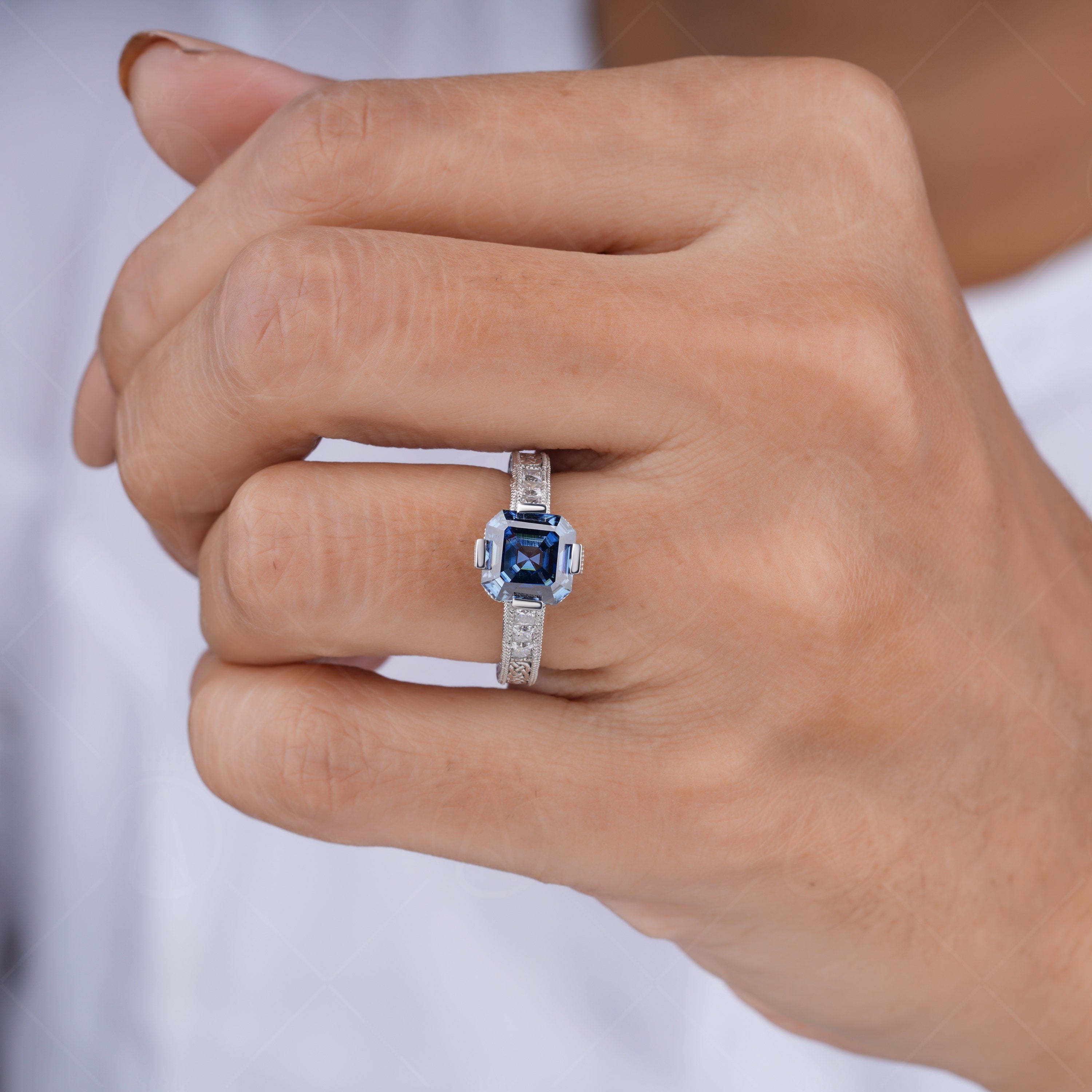 Electric Dark Blue Moissanite Asscher Cut Engagement Ring, Antique Vintage Carved Ring, Art Deco Filigree Rings For Women, Unique Ring, Engraved Vintage Ring, Blue Moissanite Ring