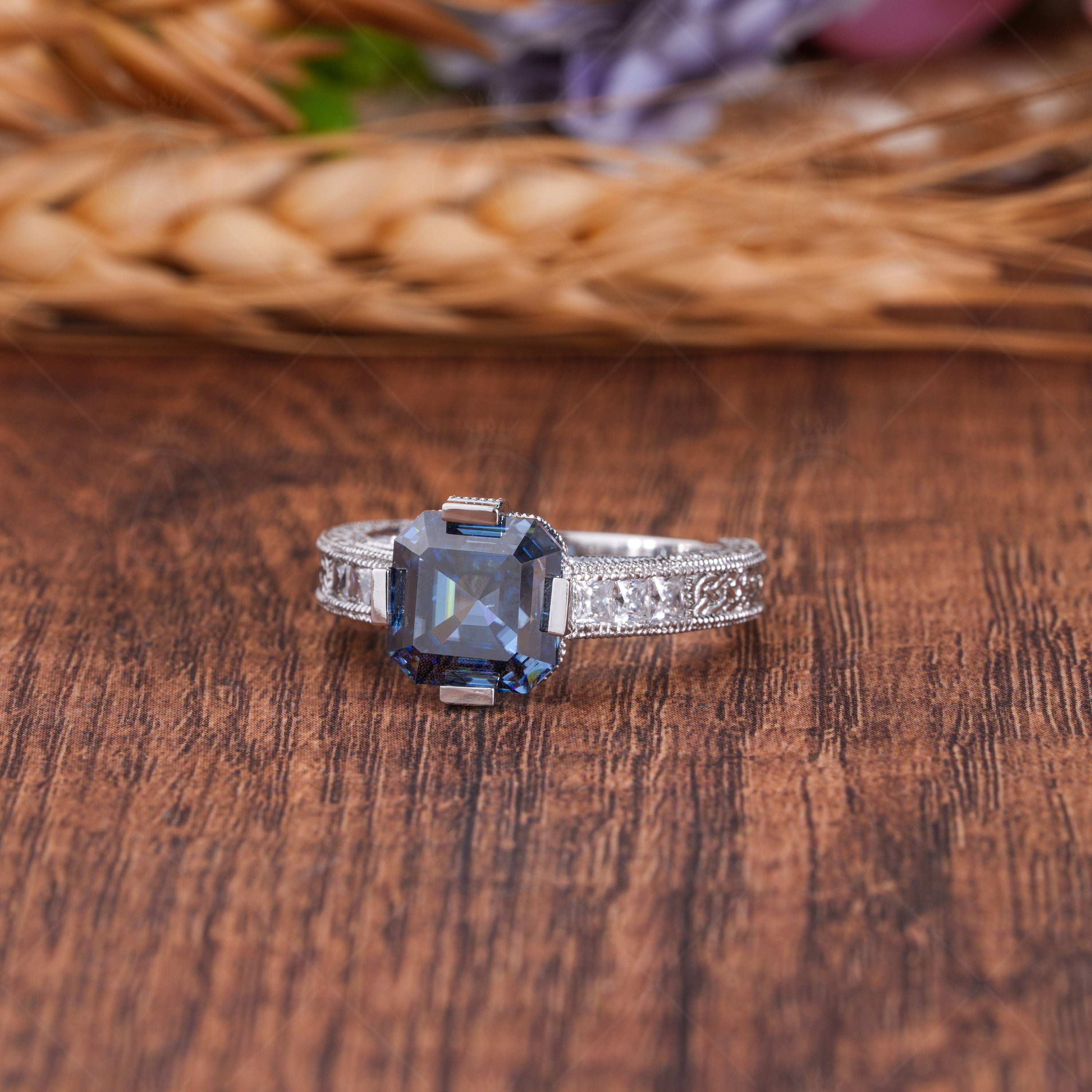 Electric Dark Blue Moissanite Asscher Cut Engagement Ring, Antique Vintage Carved Ring, Art Deco Filigree Rings For Women, Unique Ring, Engraved Vintage Ring, Blue Moissanite Ring