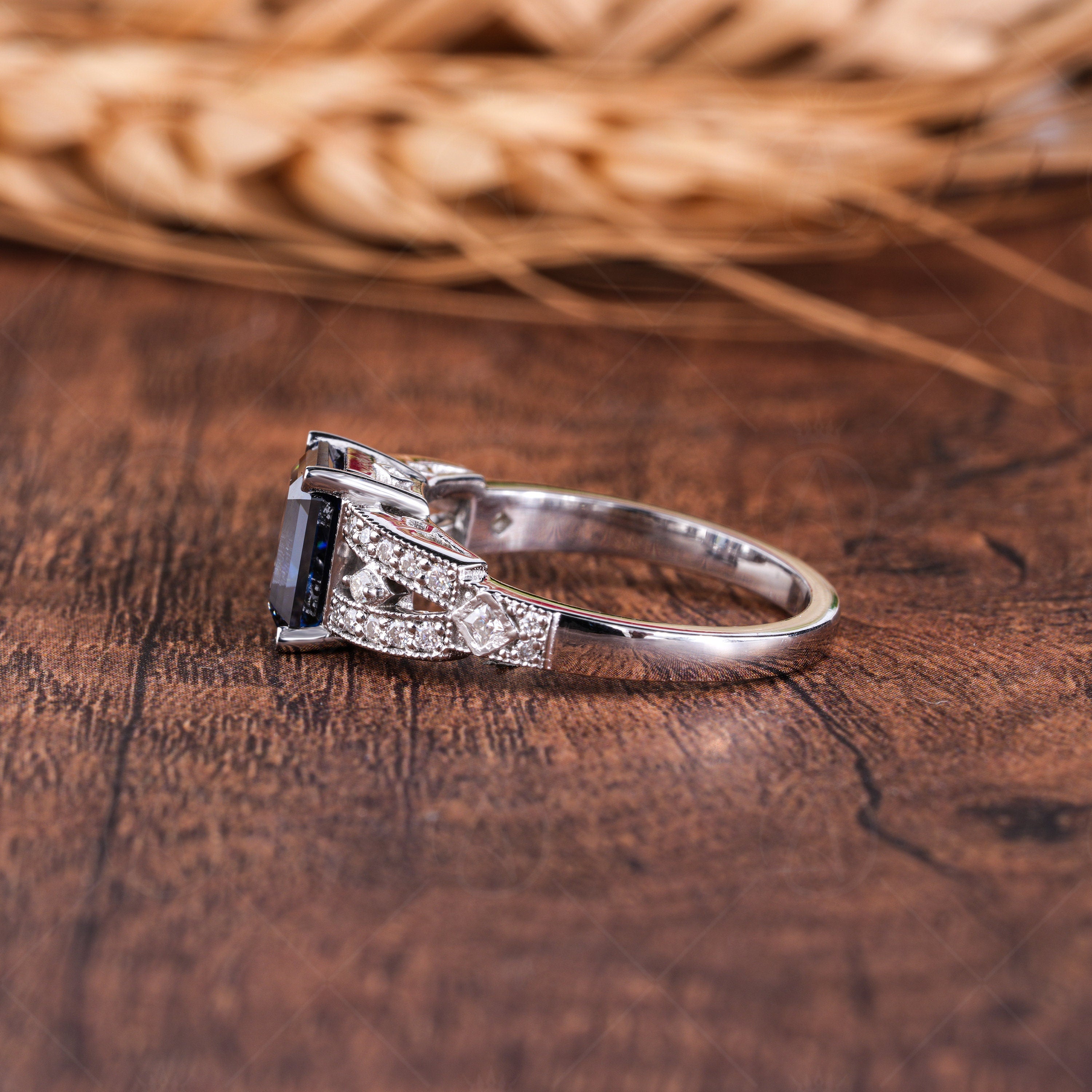 Blue Moissanite Emerald Cut Engagement Ring, Vintage Electric Blue Stone Ring, Art Deco Milgrain Ring For Women, Unique Promise Ring, Blue Moissanite Ring, Anniversary Ring, Antique Style Ring