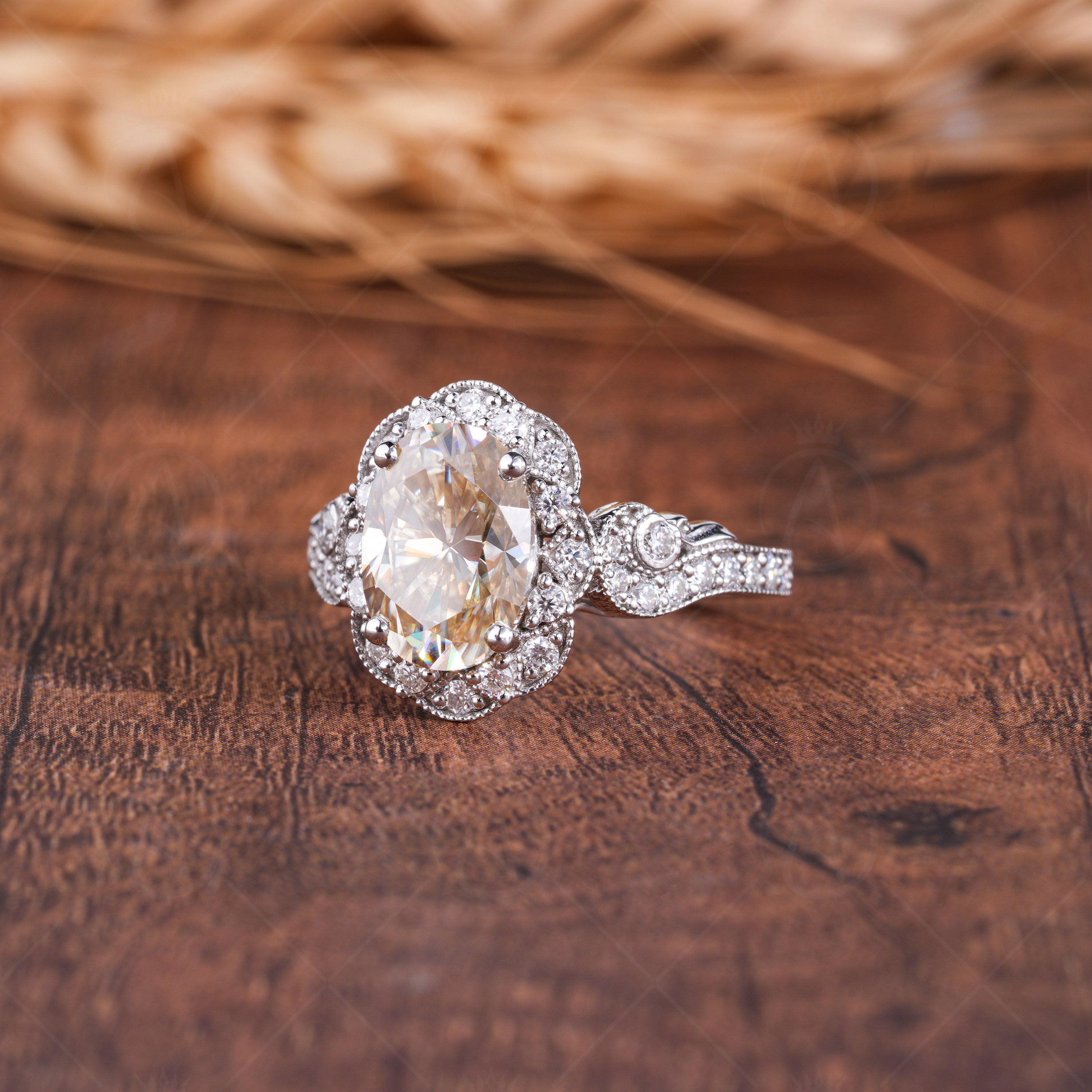 Canary Yellow Oval Moissanite Engagement Ring, Antique Filigree Vintage Ring, Yellow Elongated Oval Moissanite Halo Ring, Art Deco Ring, Milgrain Ring