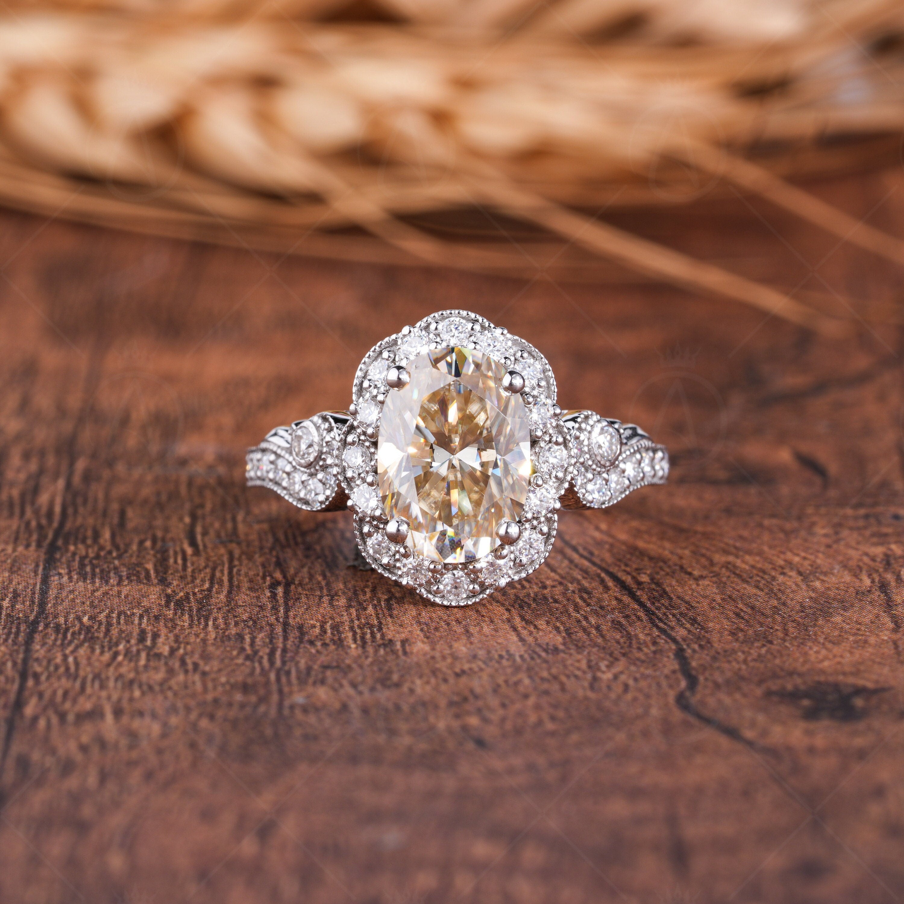 Canary Yellow Oval Moissanite Engagement Ring, Antique Filigree Vintage Ring, Yellow Elongated Oval Moissanite Halo Ring, Art Deco Ring, Milgrain Ring