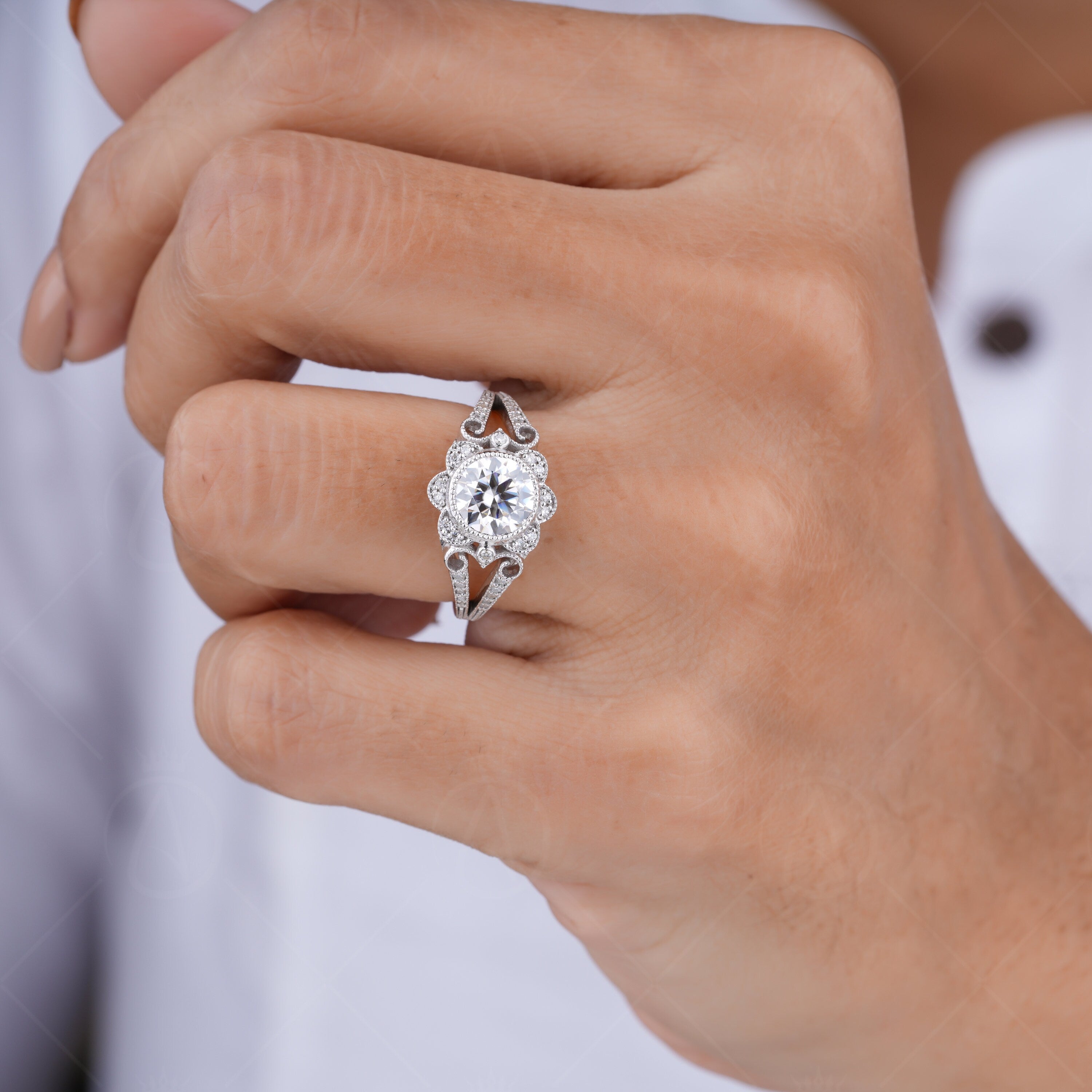 Art Deco Bezel Set Round Split Shank Engagement Ring