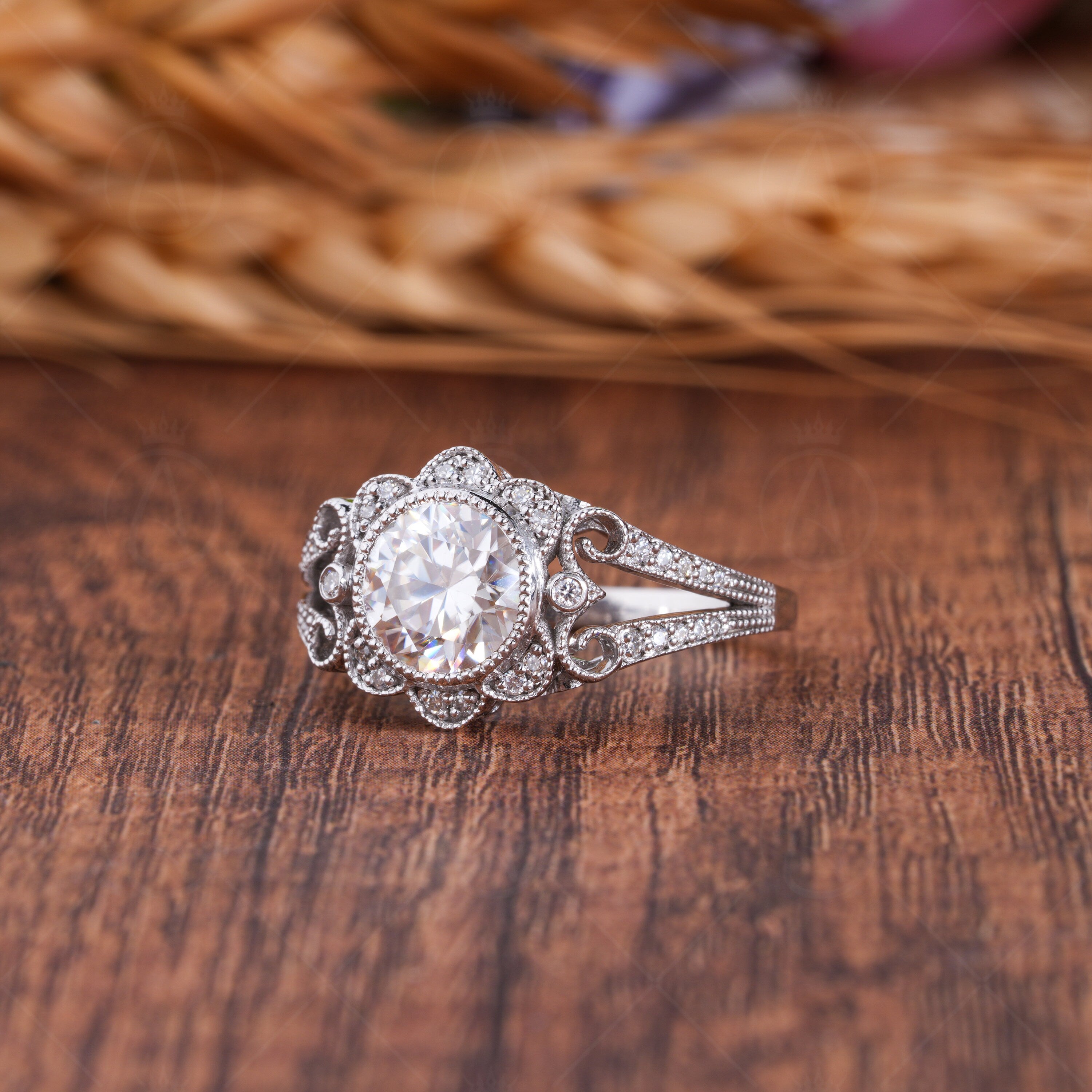 Art Deco Bezel Set Round Split Shank Engagement Ring