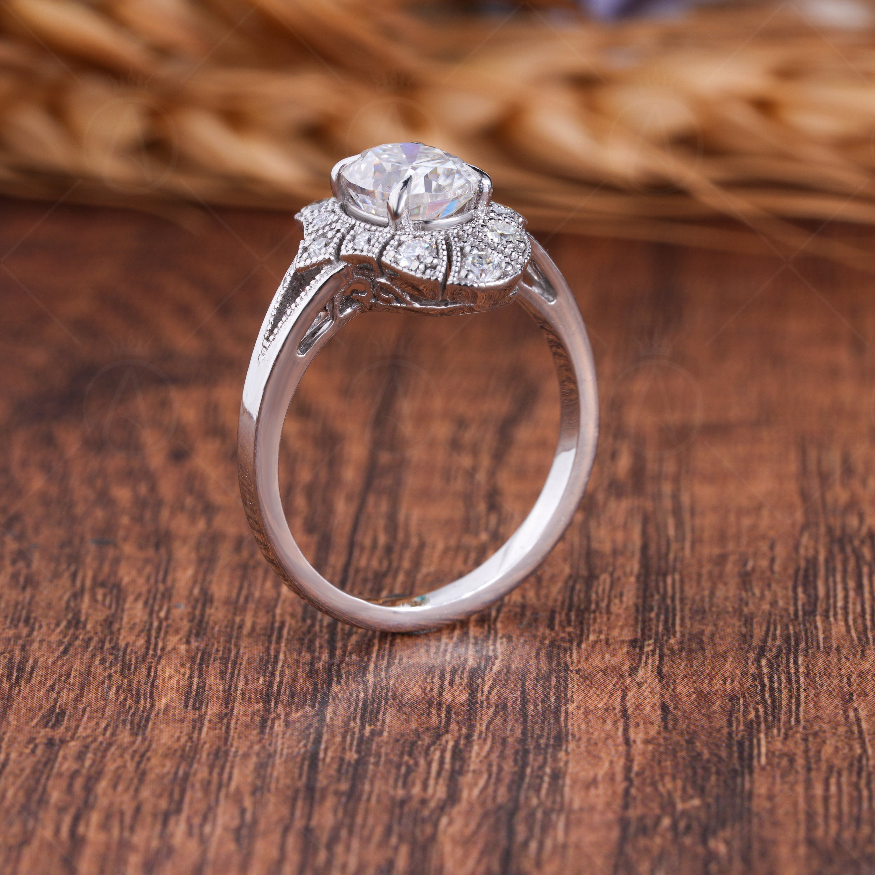 Edwardian Filigree Oval Engagement Ring, Art Deco Vintage Milgrain Ring, Oval Moissanite Rings For Women, Elongated Anniversary Ring