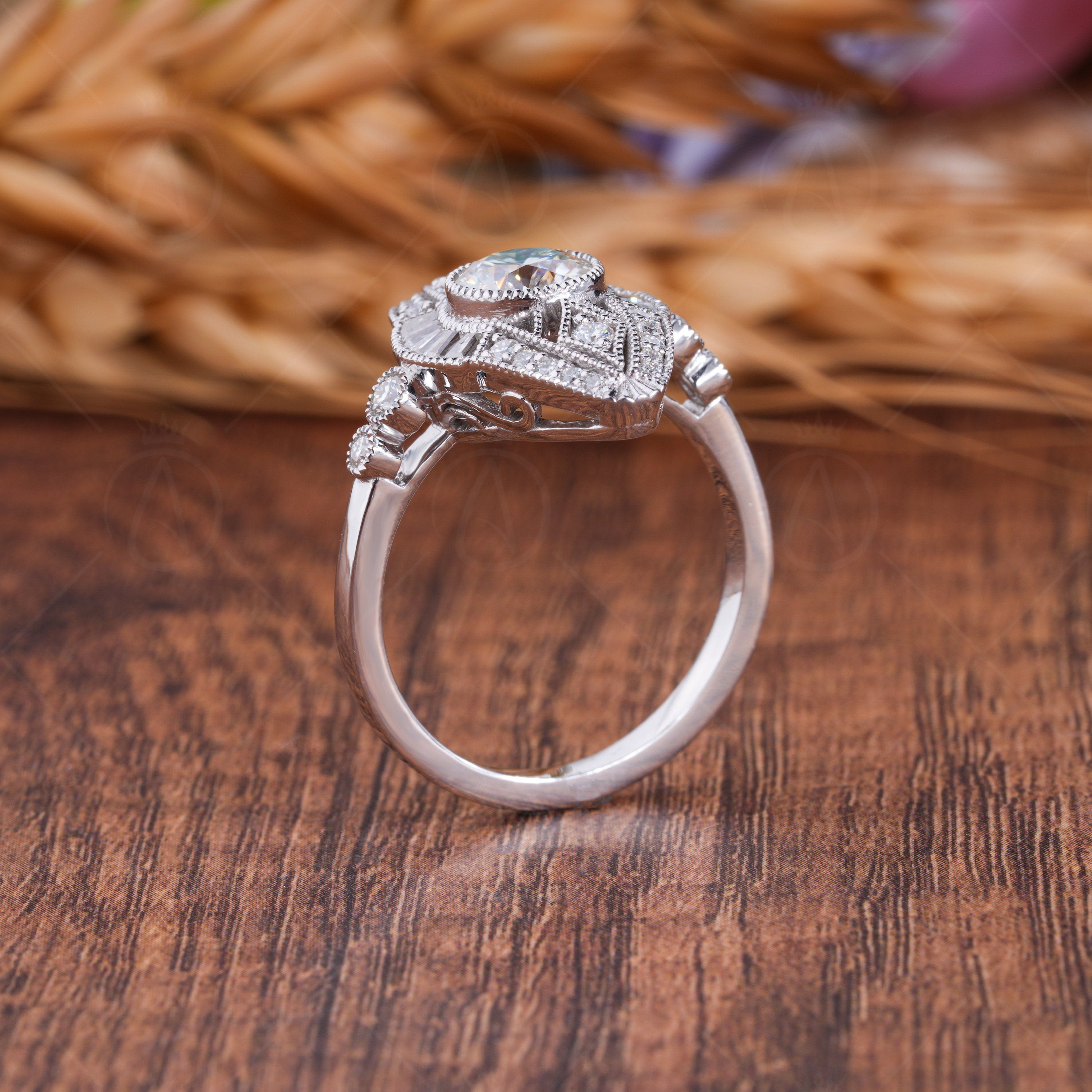 Vertical Evil Eye Inspired Edwardian Engagement Ring, Vintage Filigree Ring For Women, Round Moissanite Art Deco Ring, Milgrain Ring