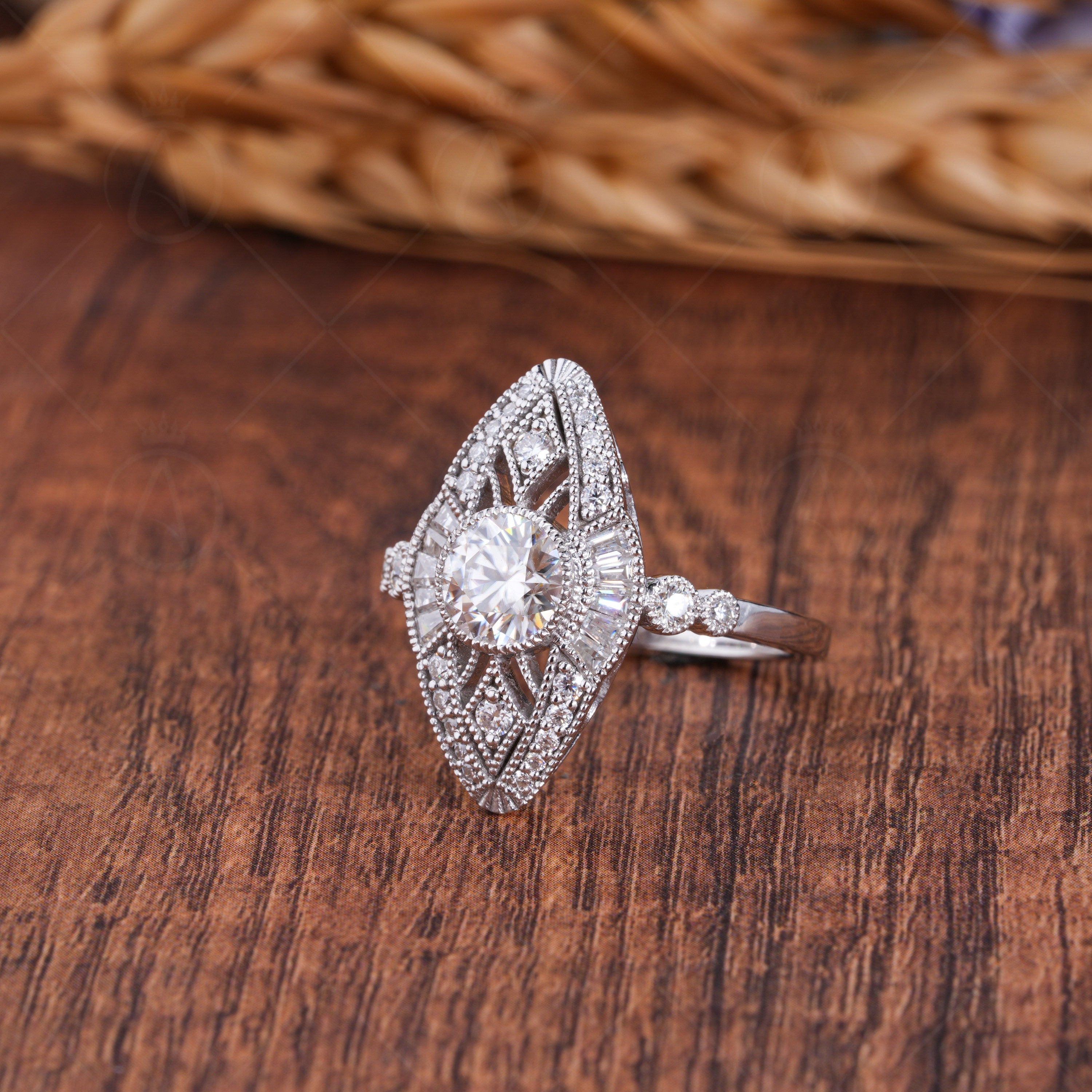 Vertical Evil Eye Inspired Edwardian Engagement Ring, Vintage Filigree Ring For Women, Round Moissanite Art Deco Ring, Milgrain Ring