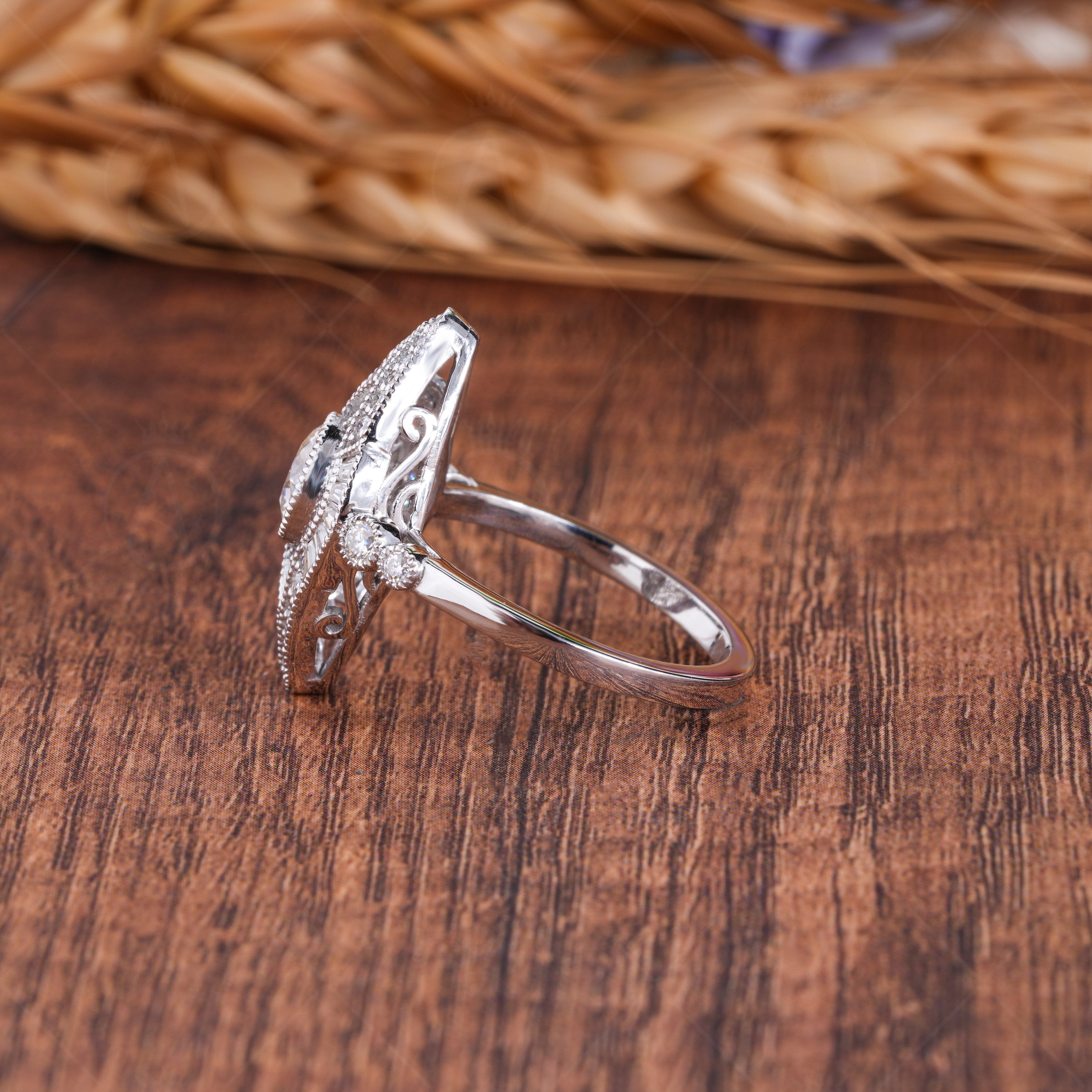 Vertical Evil Eye Inspired Edwardian Engagement Ring, Vintage Filigree Ring For Women, Round Moissanite Art Deco Ring, Milgrain Ring