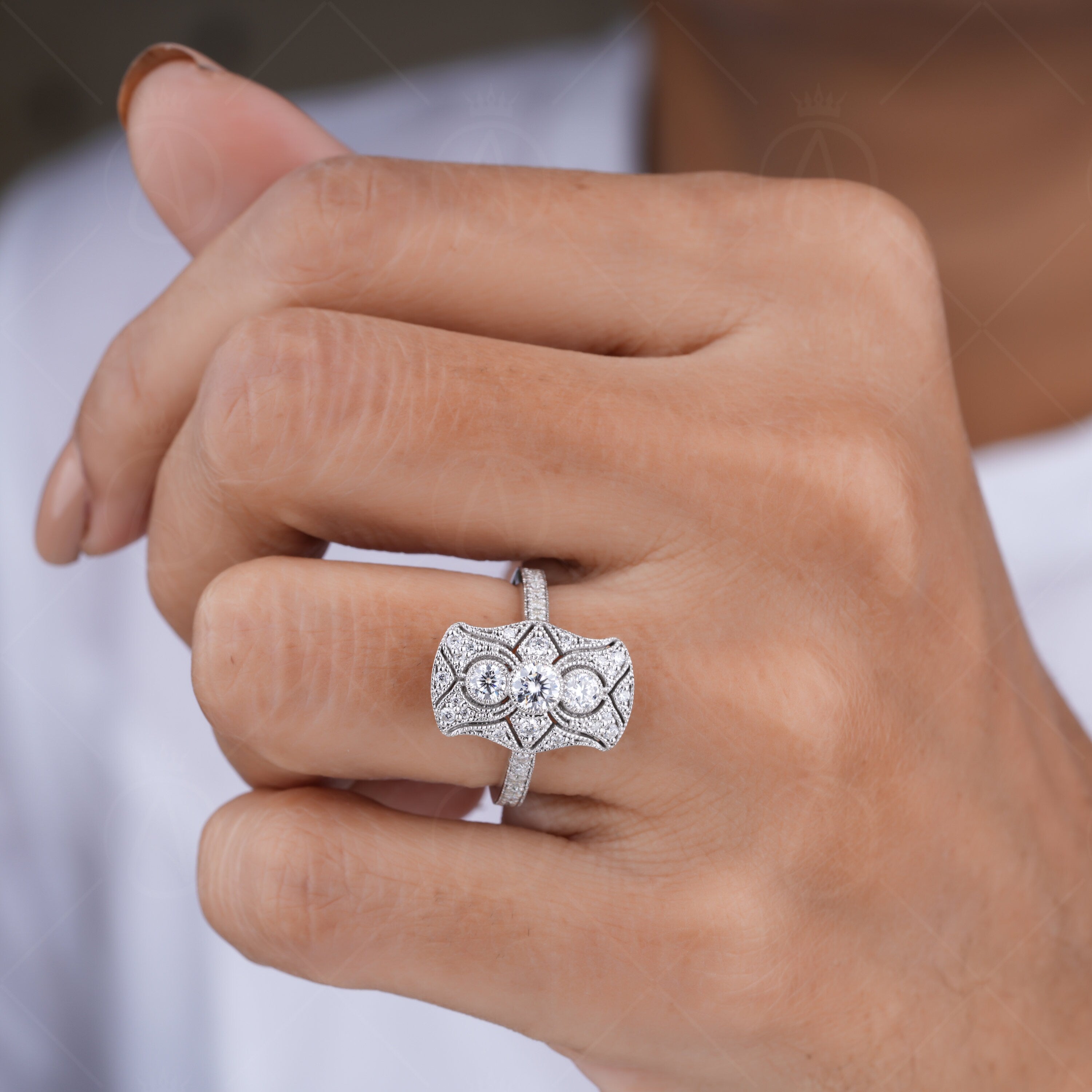 Antique Edwardian Engagement Ring For Women, Filigree Victorian Style Ring, Moissanite Art Deco Milgrain Ring, Unique Cocktail Ring, Elongated Statement Ring, Retro Ring