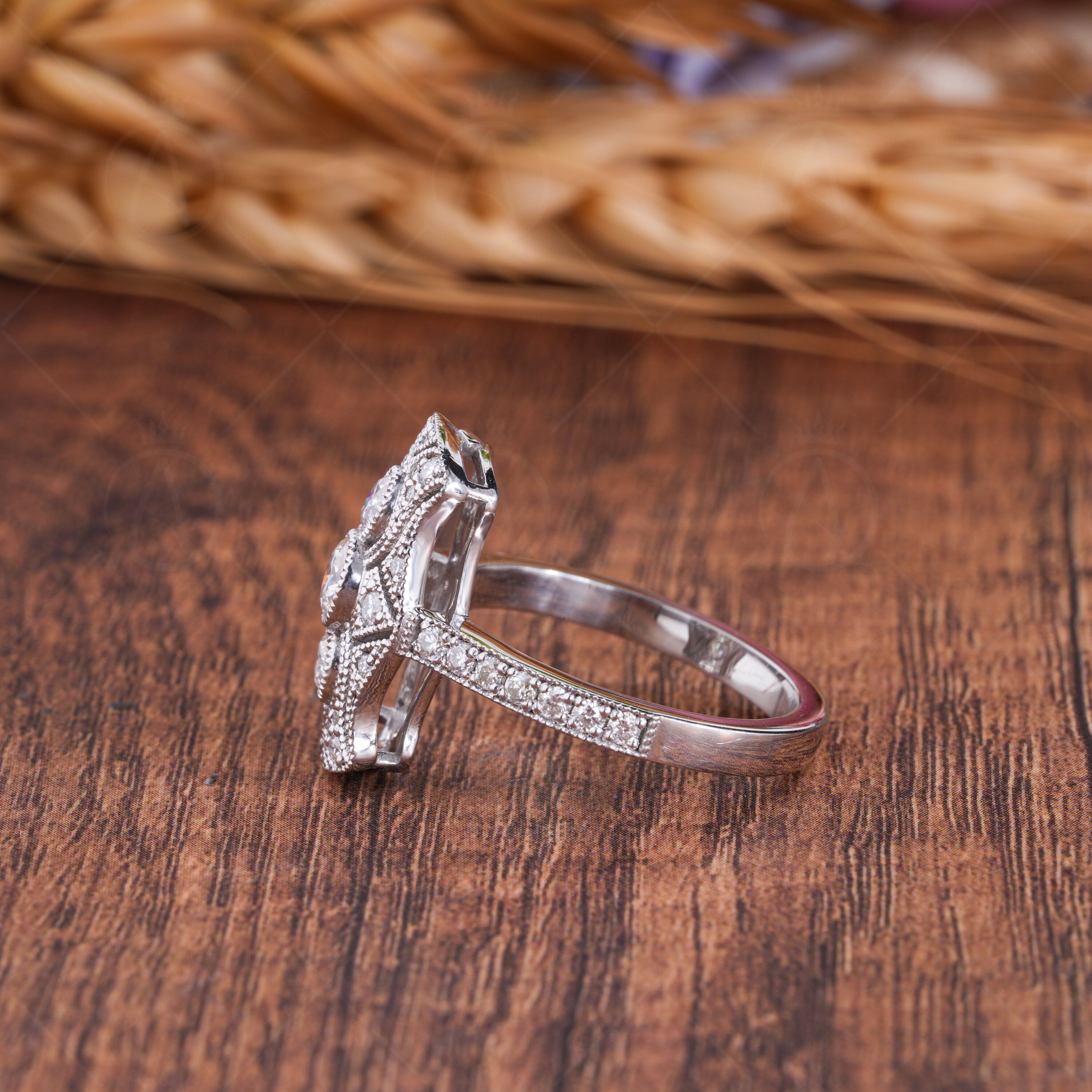 Antique Edwardian Engagement Ring For Women, Filigree Victorian Style Ring, Moissanite Art Deco Milgrain Ring, Unique Cocktail Ring, Elongated Statement Ring, Retro Ring