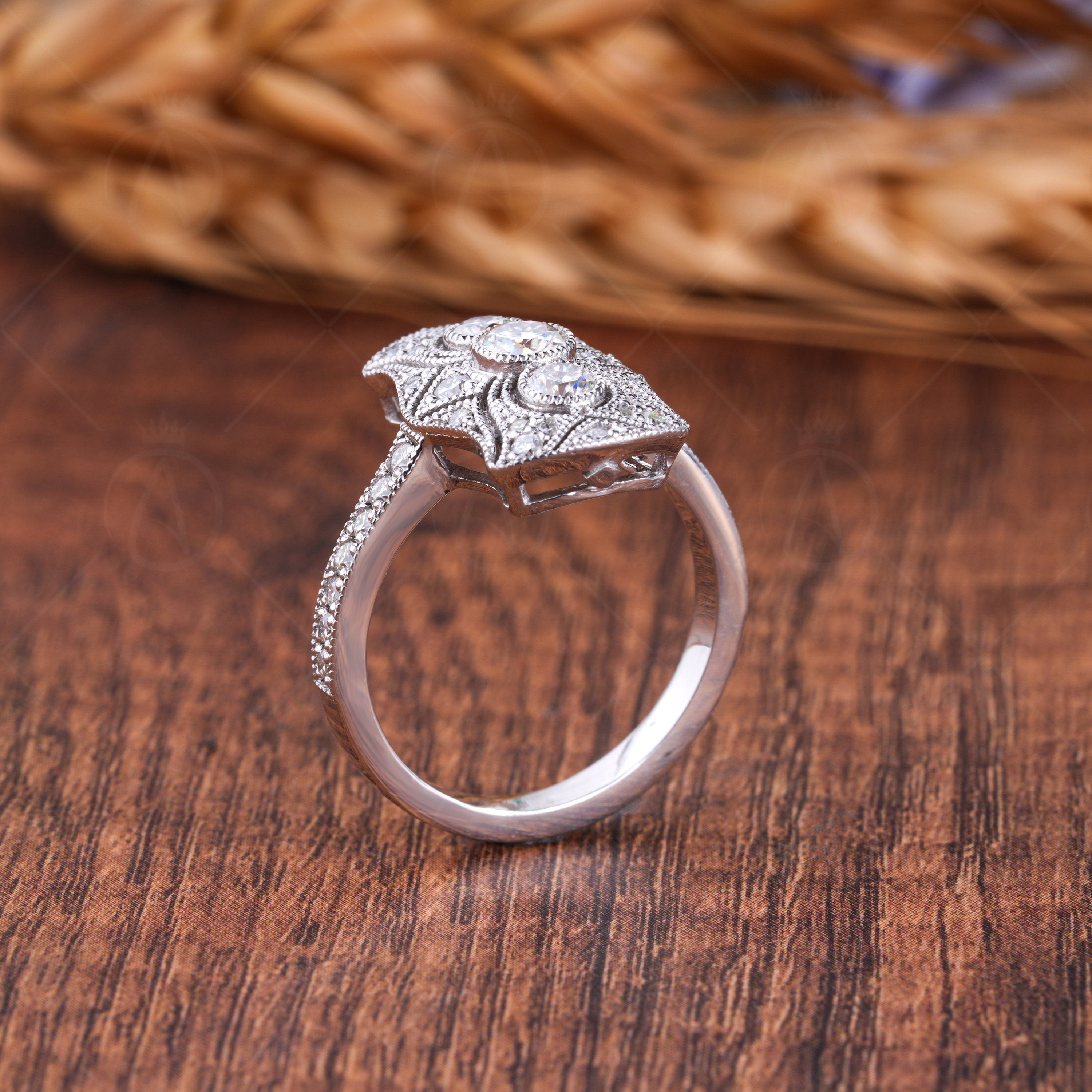 Antique Edwardian Engagement Ring For Women, Filigree Victorian Style Ring, Moissanite Art Deco Milgrain Ring, Unique Cocktail Ring, Elongated Statement Ring, Retro Ring