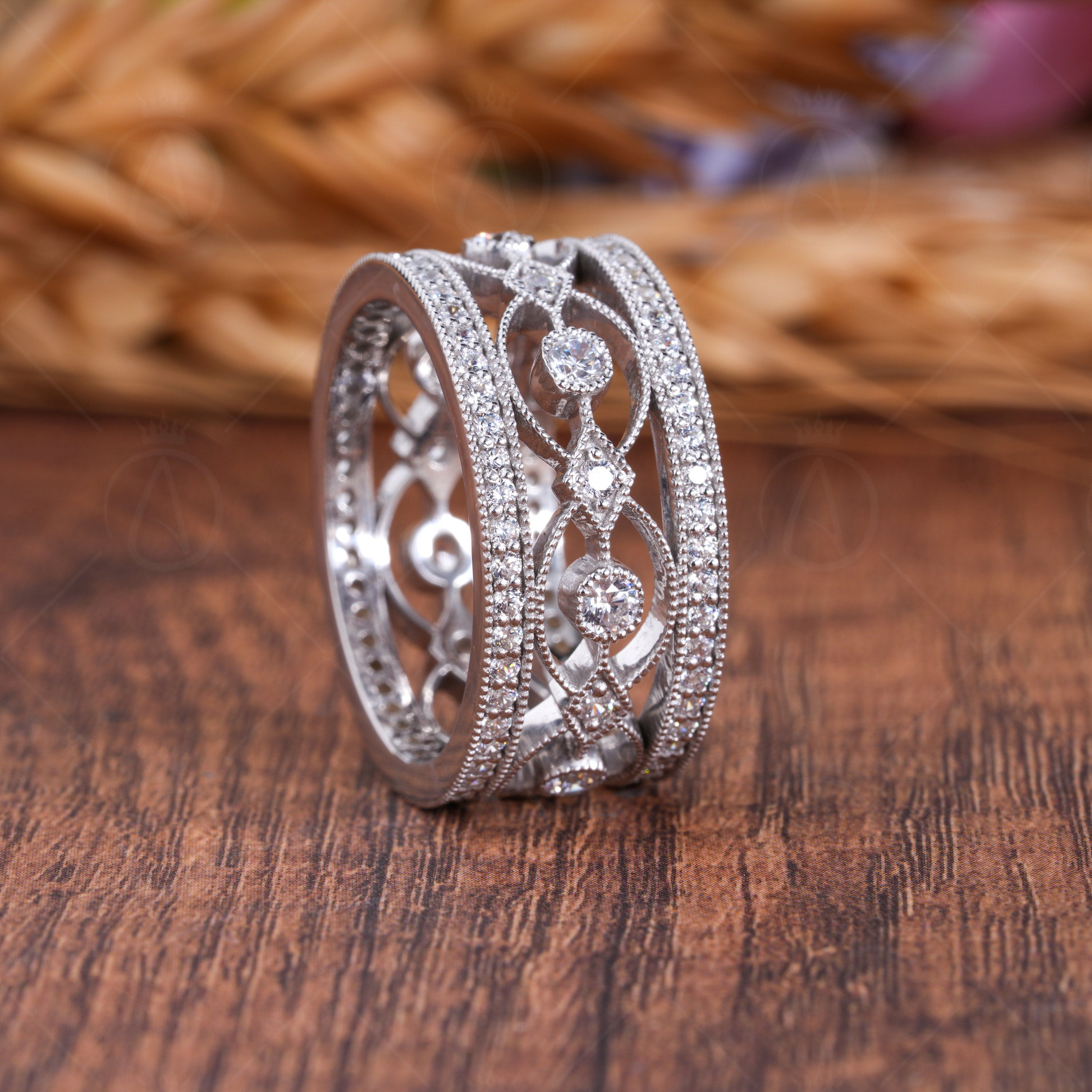 Vintage Filigree Wedding Anniversary Bands For Women, Unique Milgrain Art Deco Band, Wide Wedding Band Ring, Estate Jewelry Rings