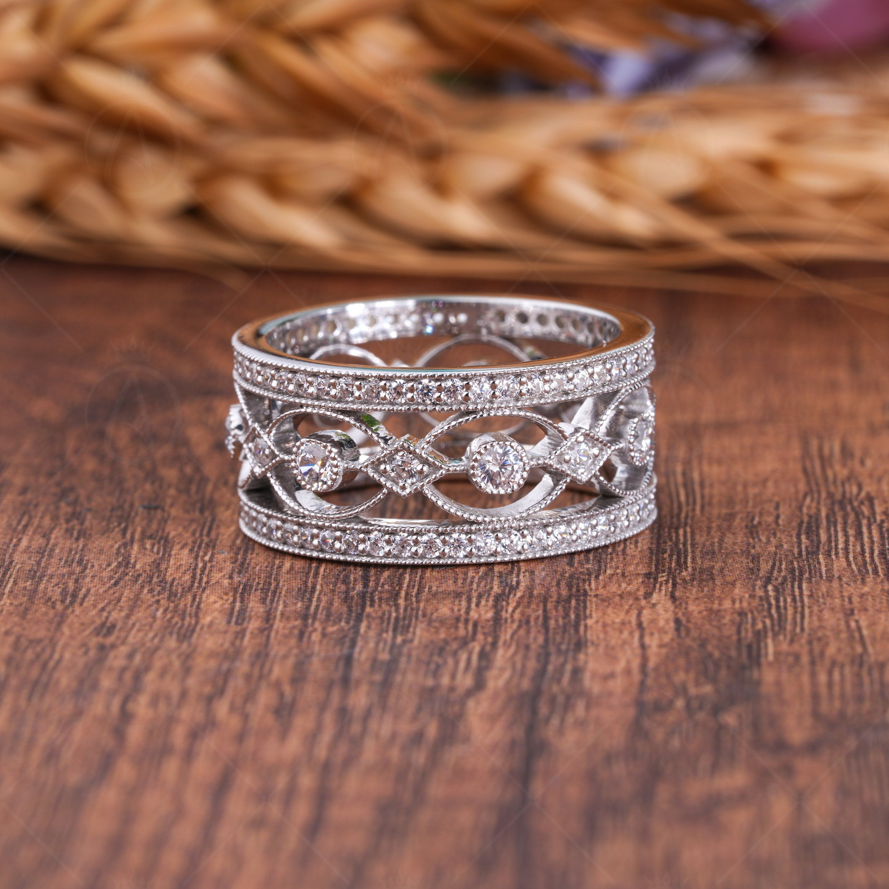 Vintage Filigree Wedding Anniversary Bands For Women, Unique Milgrain Art Deco Band, Wide Wedding Band Ring, Estate Jewelry Rings