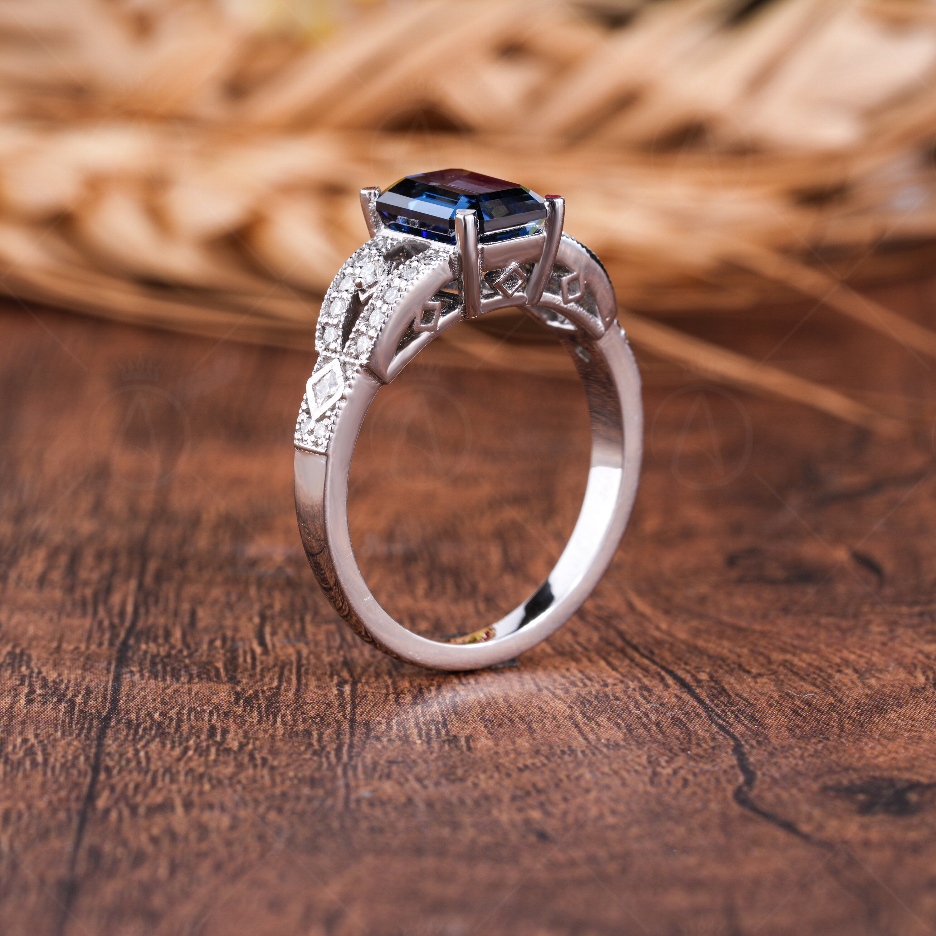 Blue Moissanite Emerald Cut Engagement Ring, Vintage Electric Blue Stone Ring, Art Deco Milgrain Ring For Women, Unique Promise Ring, Blue Moissanite Ring, Anniversary Ring, Antique Style Ring