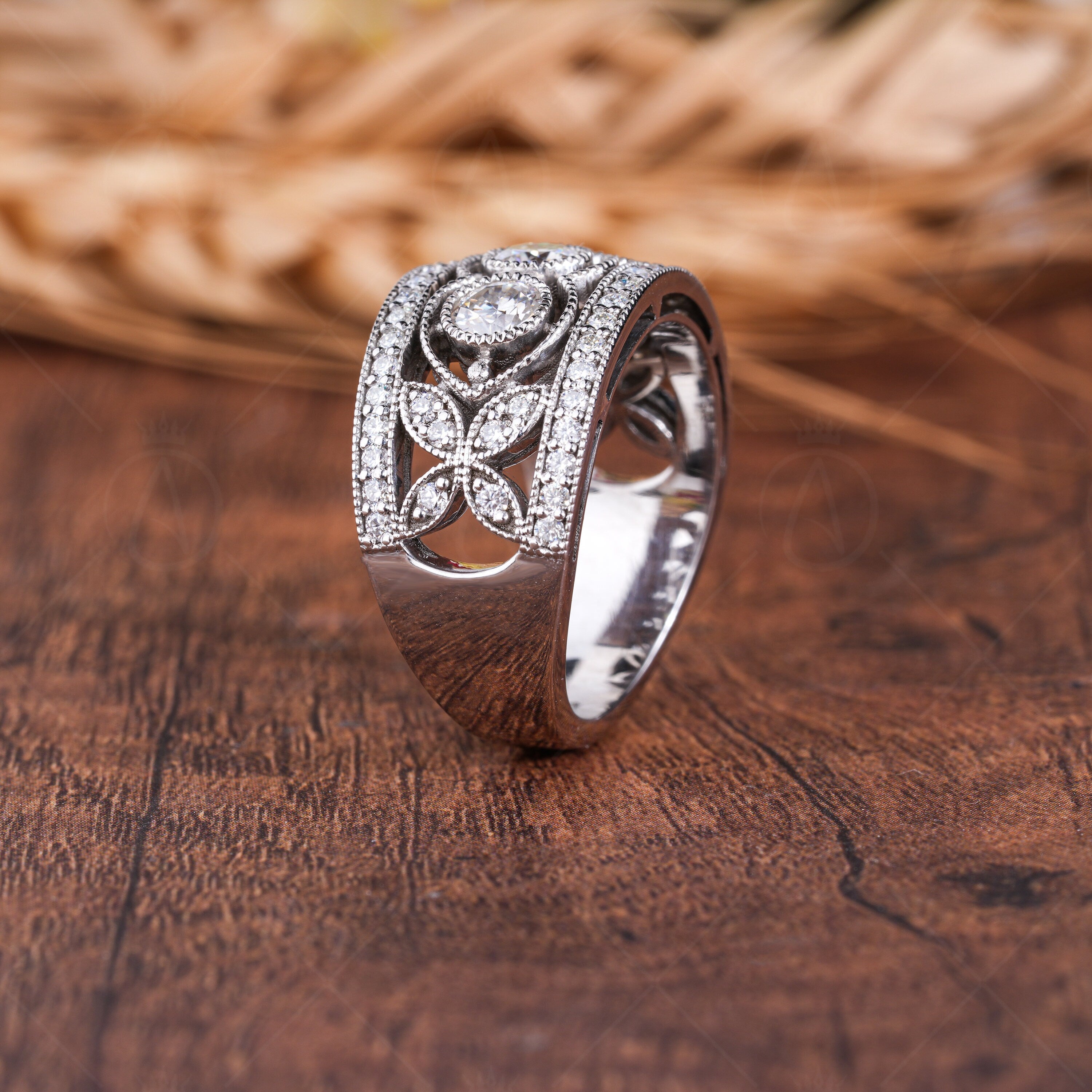 Vintage Filigree Wedding Bands Women, Antique Art Deco Wide Anniversary Ring, Edwardian Style Milgrain Band, Estate Jewelry Rings