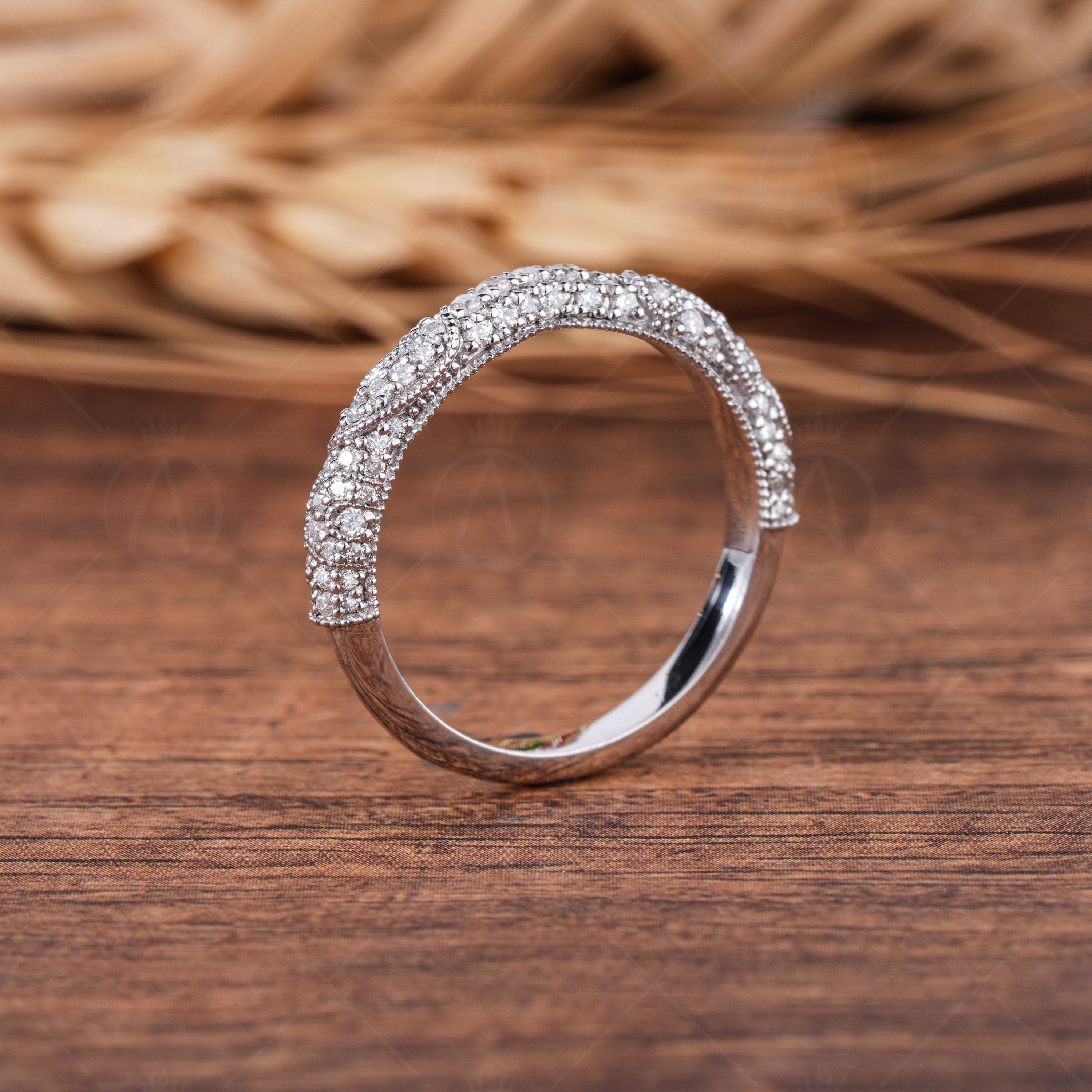 Moissanite Filigree Ring, Lace Style Art Deco Band Ring, Vintage Milgrain Wedding Bands Women, Unique Vintage Anniversary Band, Promise Ring For Her