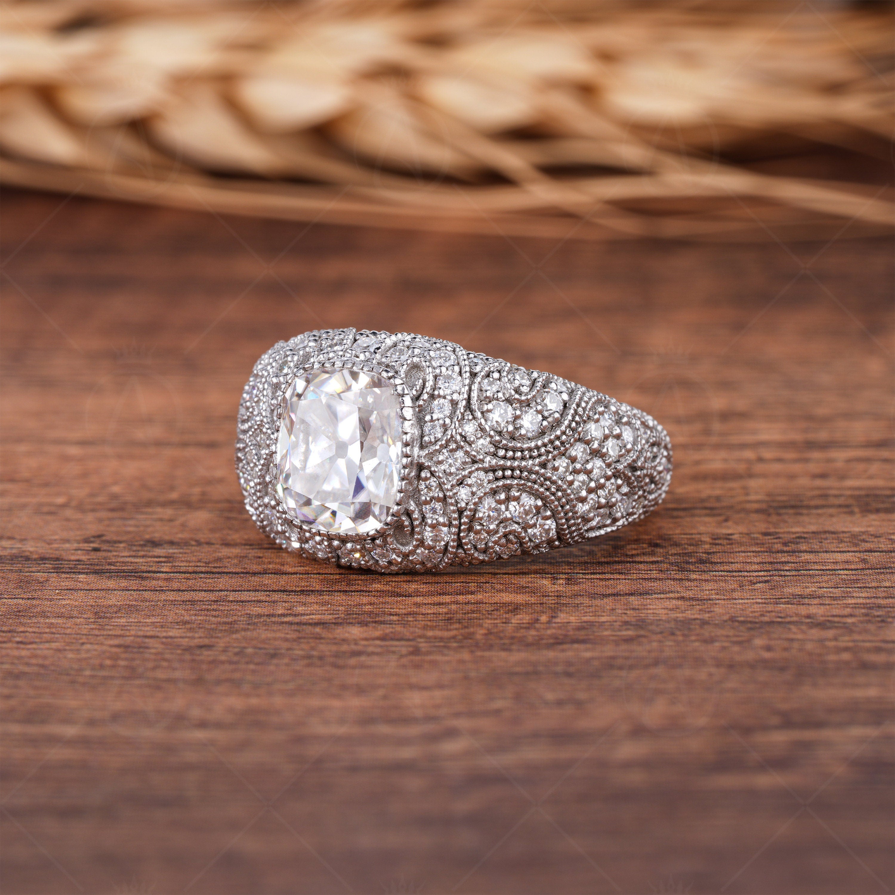 Antique Filigree Statement Ring, Vintage Old European Cushion Cut Ring, Moissanite Chunky Dome Ring, Art Deco Milgrain Rings For Women