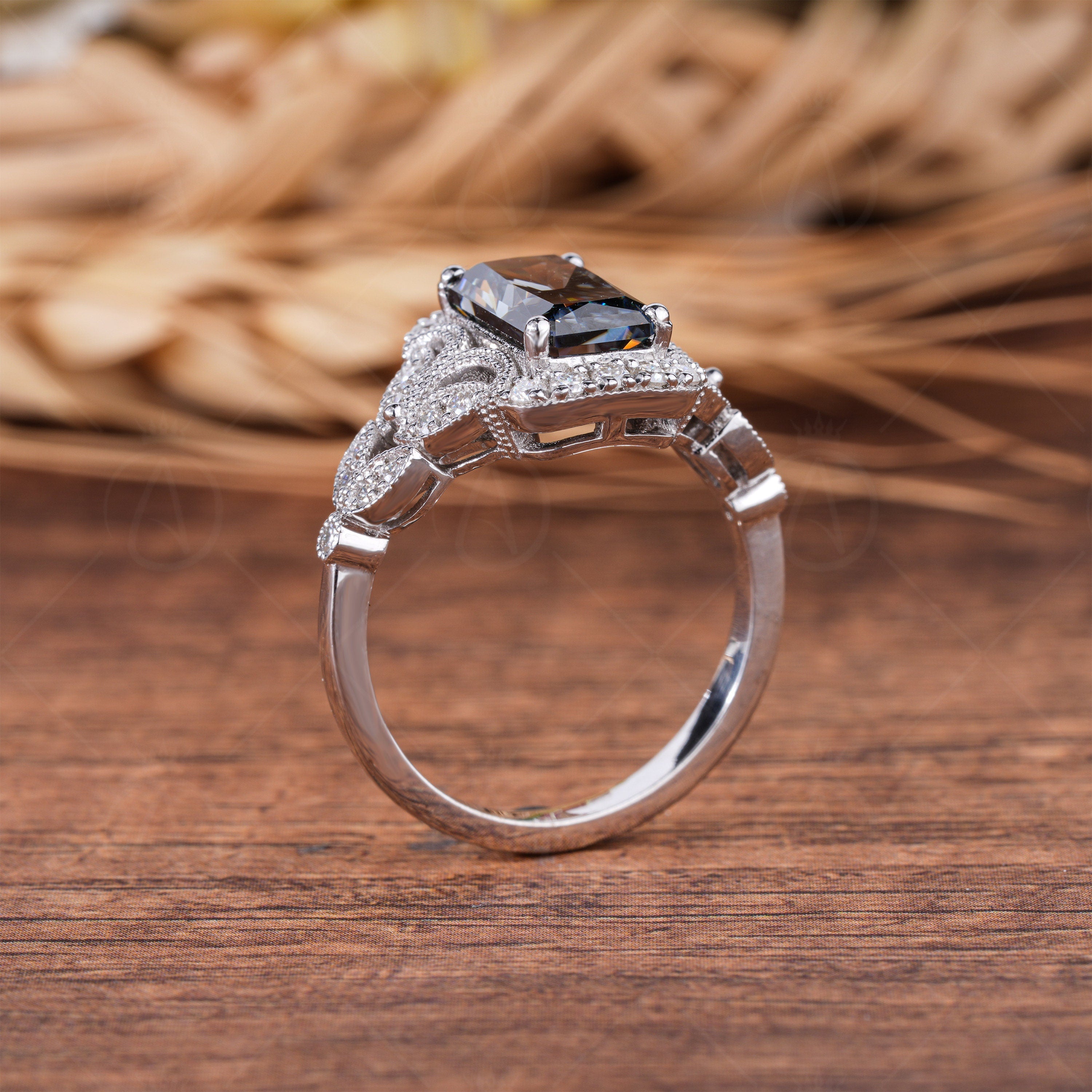 Long Radiant Cut Grey Moissanite Engagement Ring, Antique Vintage Filigree Ring, Gray Moissanite Art Deco Milgrain Ring, Anniversary Rings